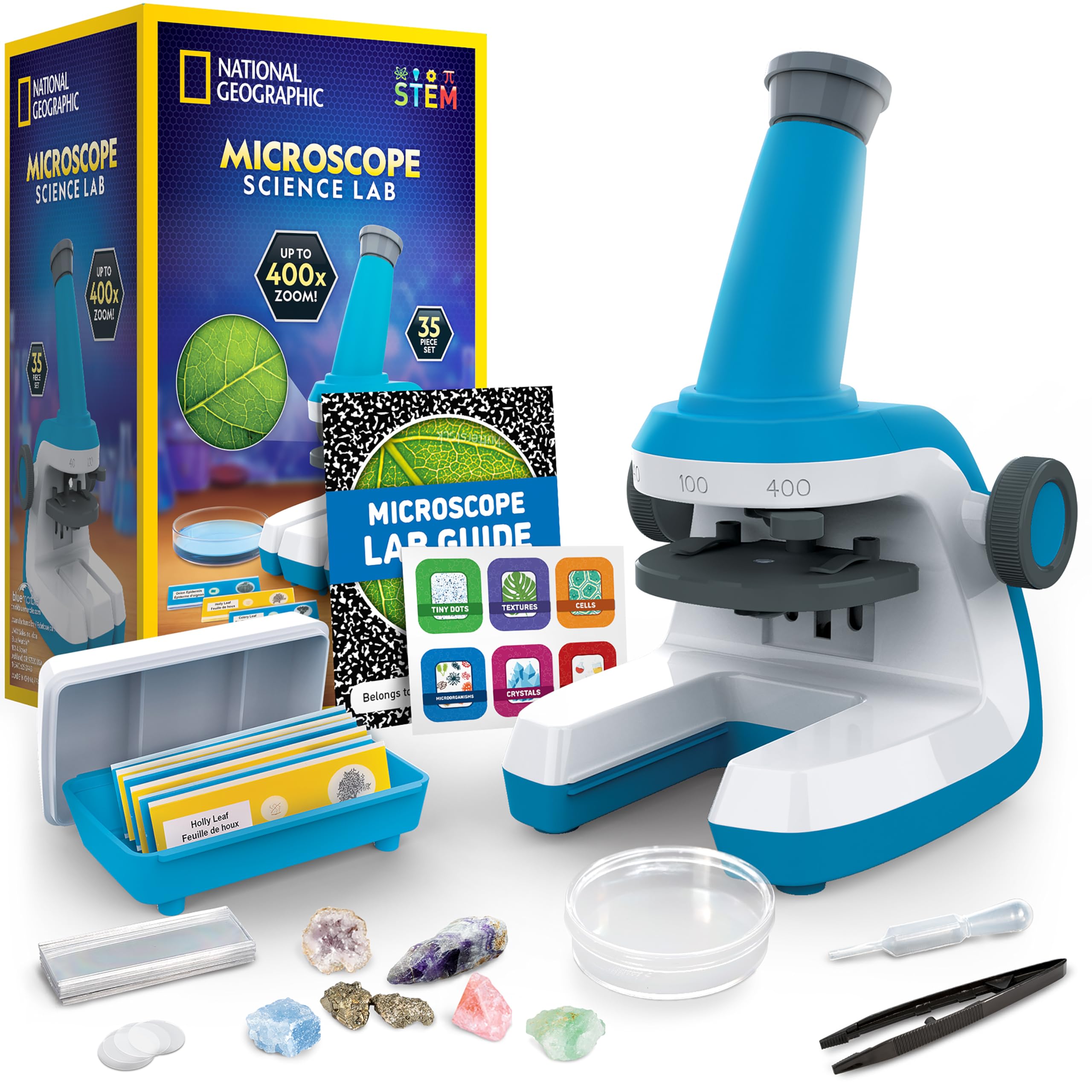 National Geographic Microscope for Kids - Science Kit with an Easy-to-Use Kids Microscope, Up to 400x Zoom, Blank and Prepared Slides, Gifts for 6 7 8 9 & 10, STEM Project Toy (Amazon Exclusive)