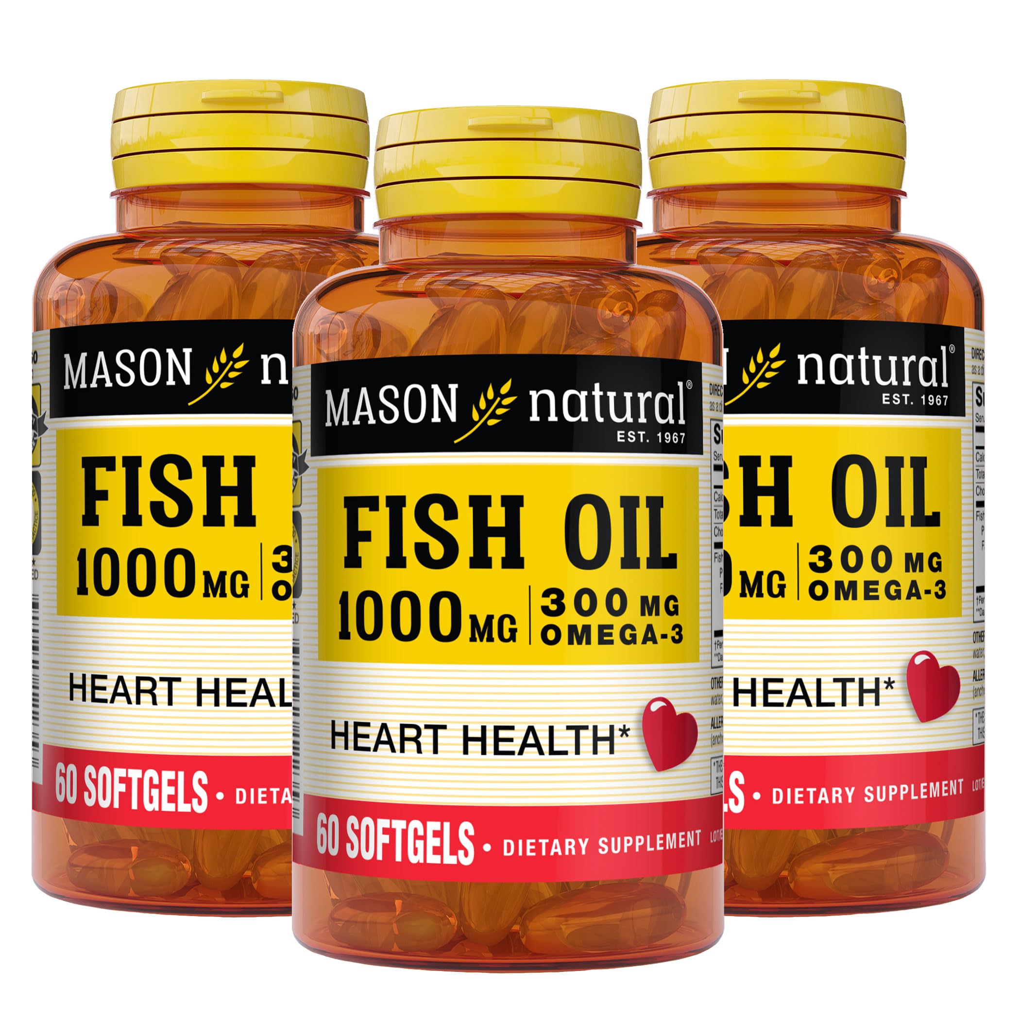 MASON NATURAL Omega-3 Fish Oil, 180-Day Supply, 1000mg with EPA and DHA for Joint Support, 60 Softgel Pills (Pack of 3)