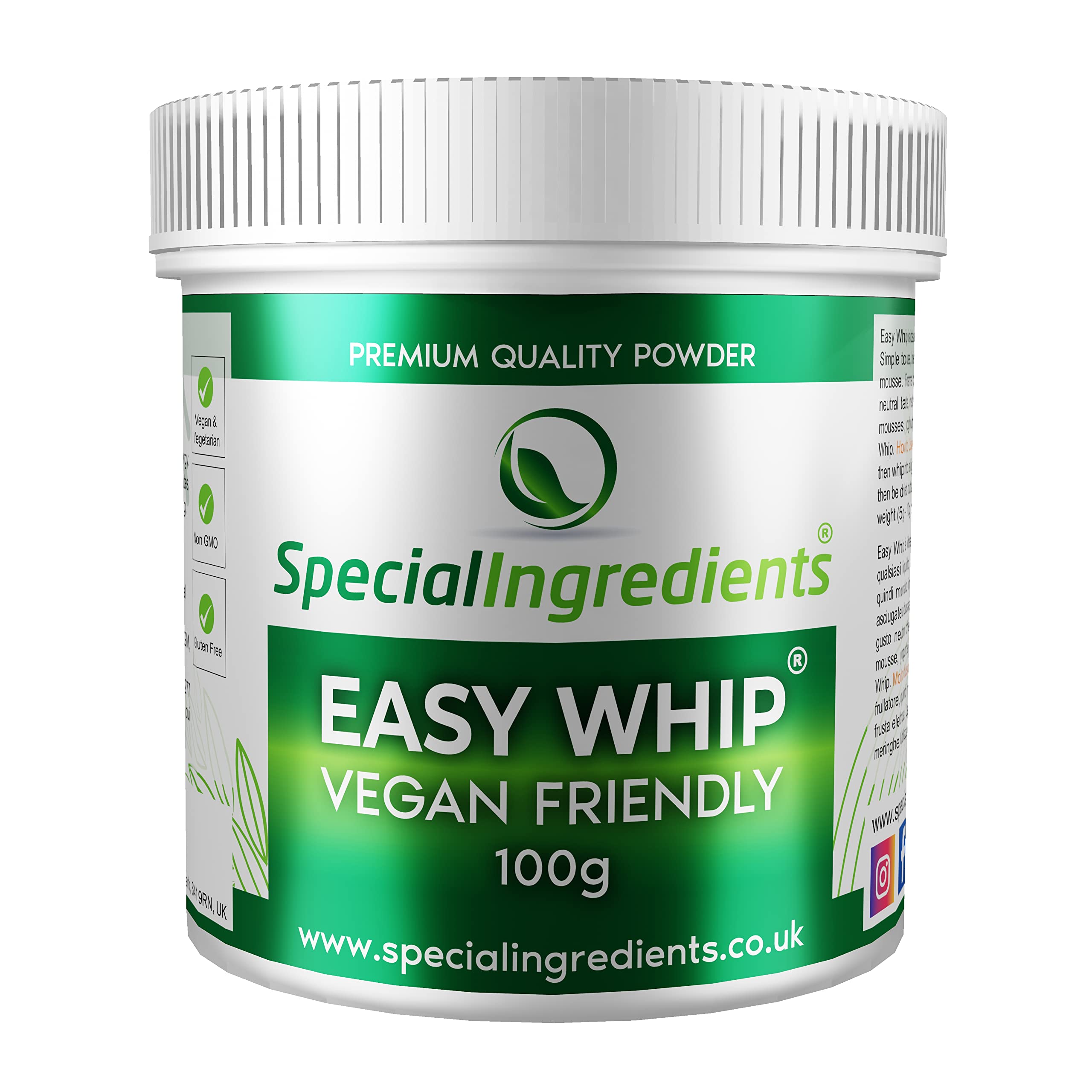 Easy Whip ® 100g - Easily Create Mousses, Meringues Or Foams Out of Virtually Any Liquid. Suitable for Vegans, Non-GMO, Gluten Free - Comes with Free Recipe Book, Recyclable Container