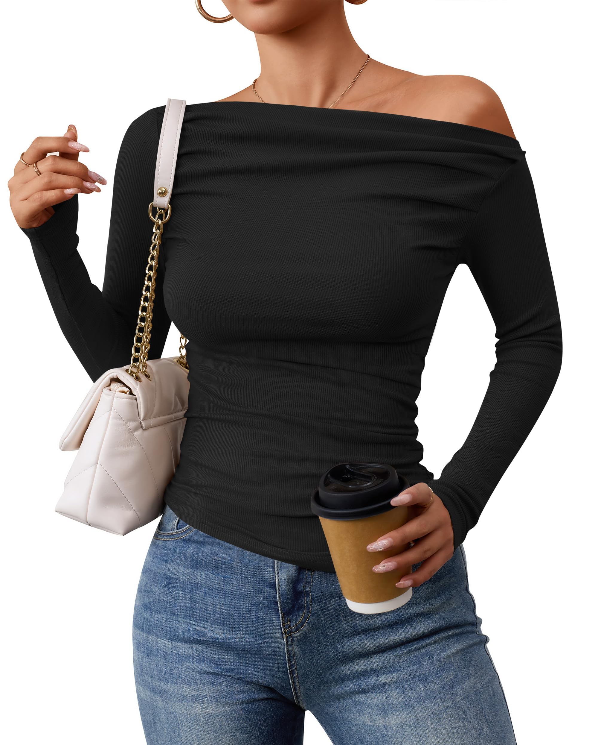 ZESICA Womens Off The Shoulder Long Sleeve Tops 2024 Casual Ruched Slim Fitted Solid Color Basic Tee Shirts Fall Outfits