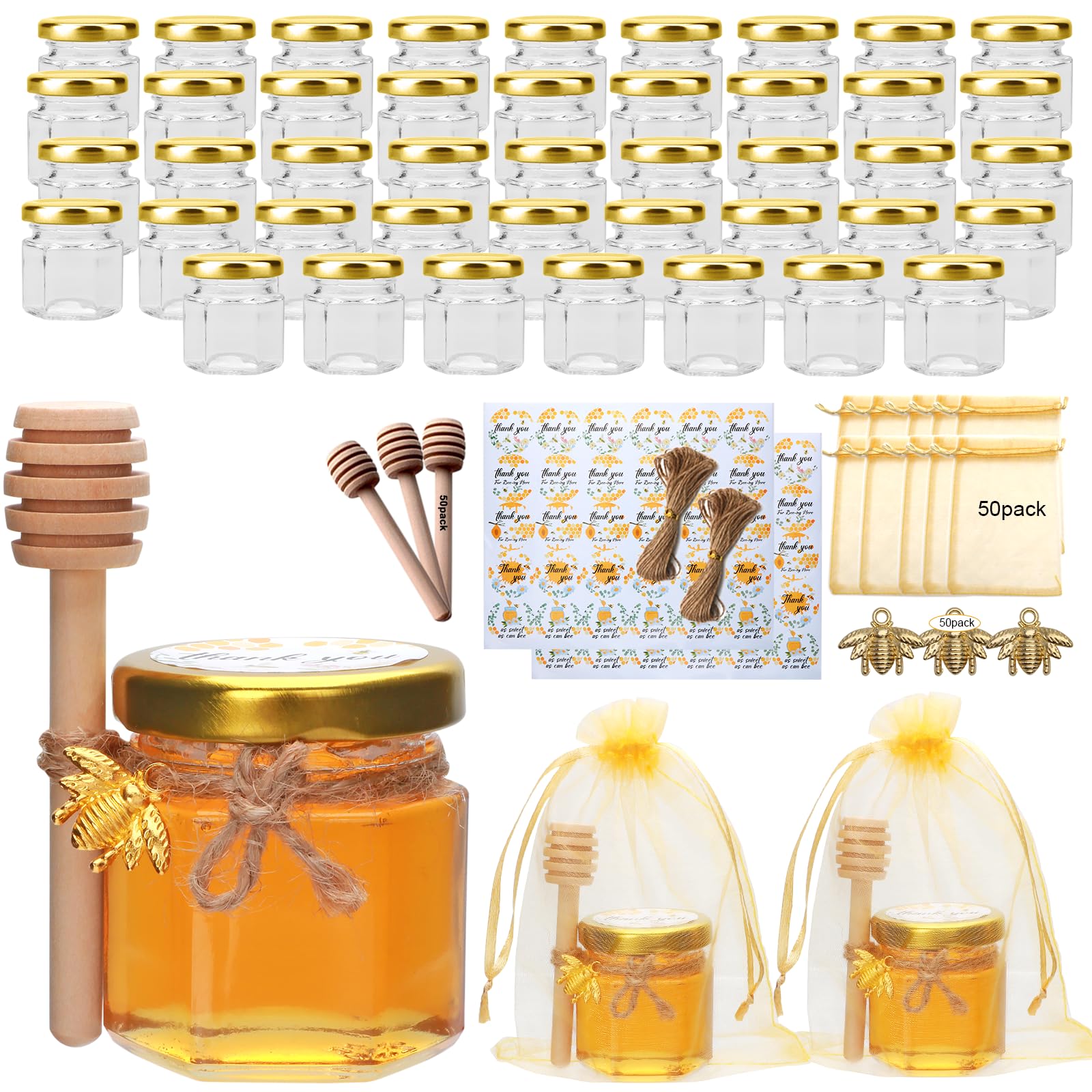 1.5 oz Glass Honey Jar- Small Hexagonal Honey Jars with Wooden Dipper Gold Lid Bee Charms Gold Gift Bags and Rope for Baby Shower Wedding Party Favors (50 PACK)