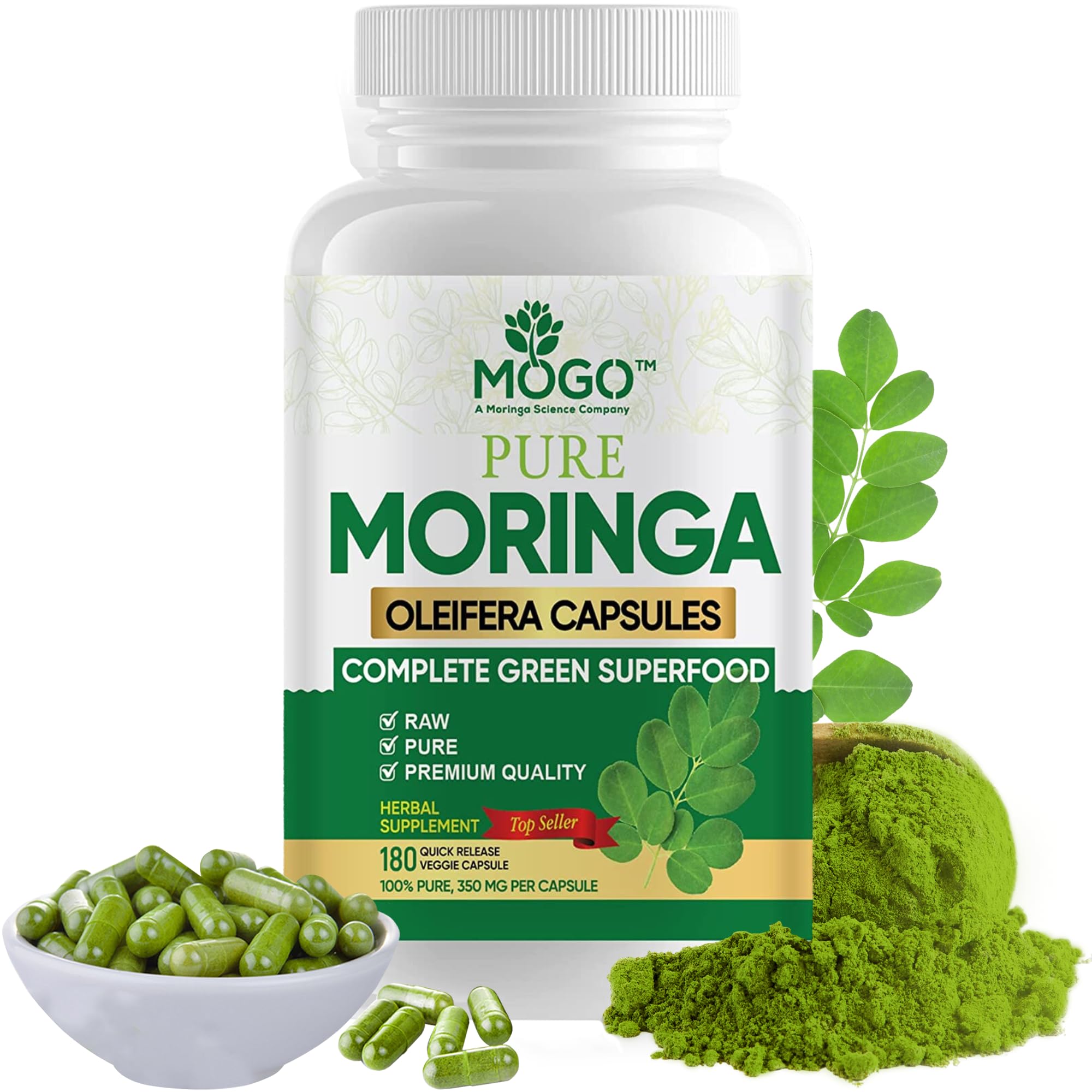 MOGO Organic Moringa Powder Capsules,180 Ct | Moringa Supplement for Energy, Immunity & Joint Health, Our Moringa Capsule Made with Pure Moringa Powder Organic,Vegan and Non GMO.