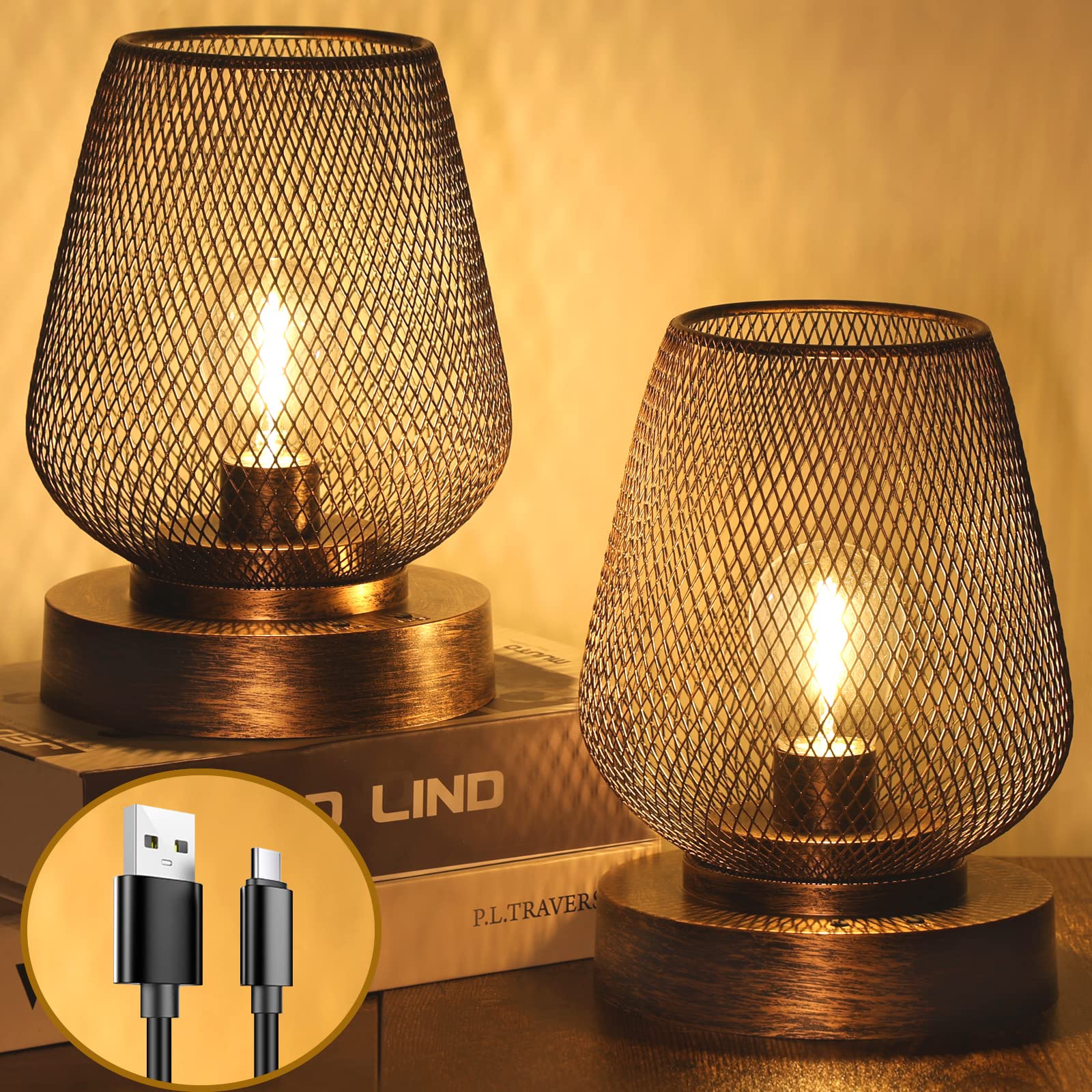 UBright 2 Pack Rechargeable Table Lamp Cordless Table Lamp Battery Operated Lights Metal with 4 Lighting Mode Outdoor Lights Cordless Lamp Indoor Patio Bedroom Living Room (Bulb Included) Bronze