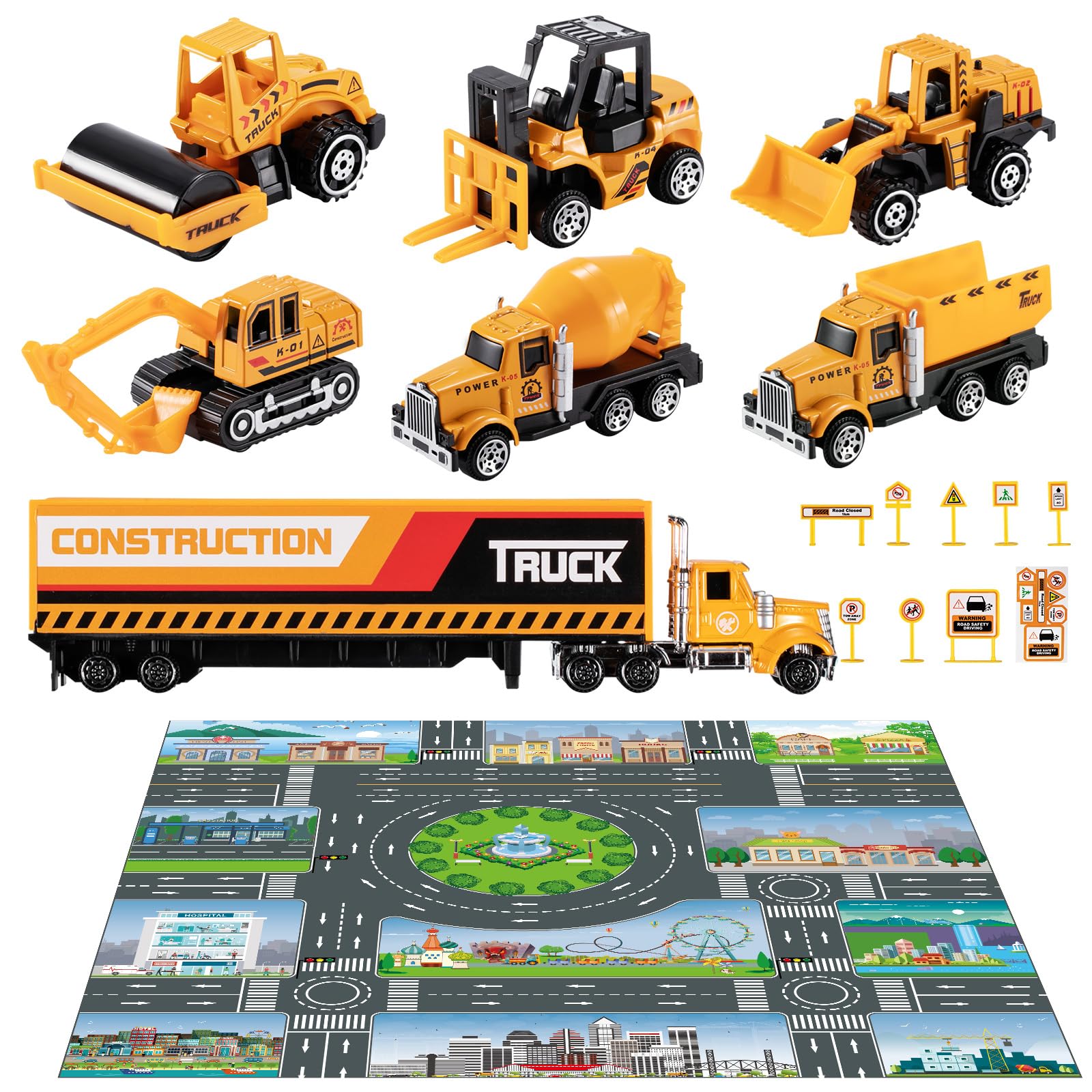 TEMI (Construction) - Diecast Engineering Construction Vehicle Toy Set w/ Play Mat, Truck Carrier, Forklift, Bulldozer, Road Roller, Excavator, Dump Truck, Tractor, Alloy Metal Car Play Set for Kid...