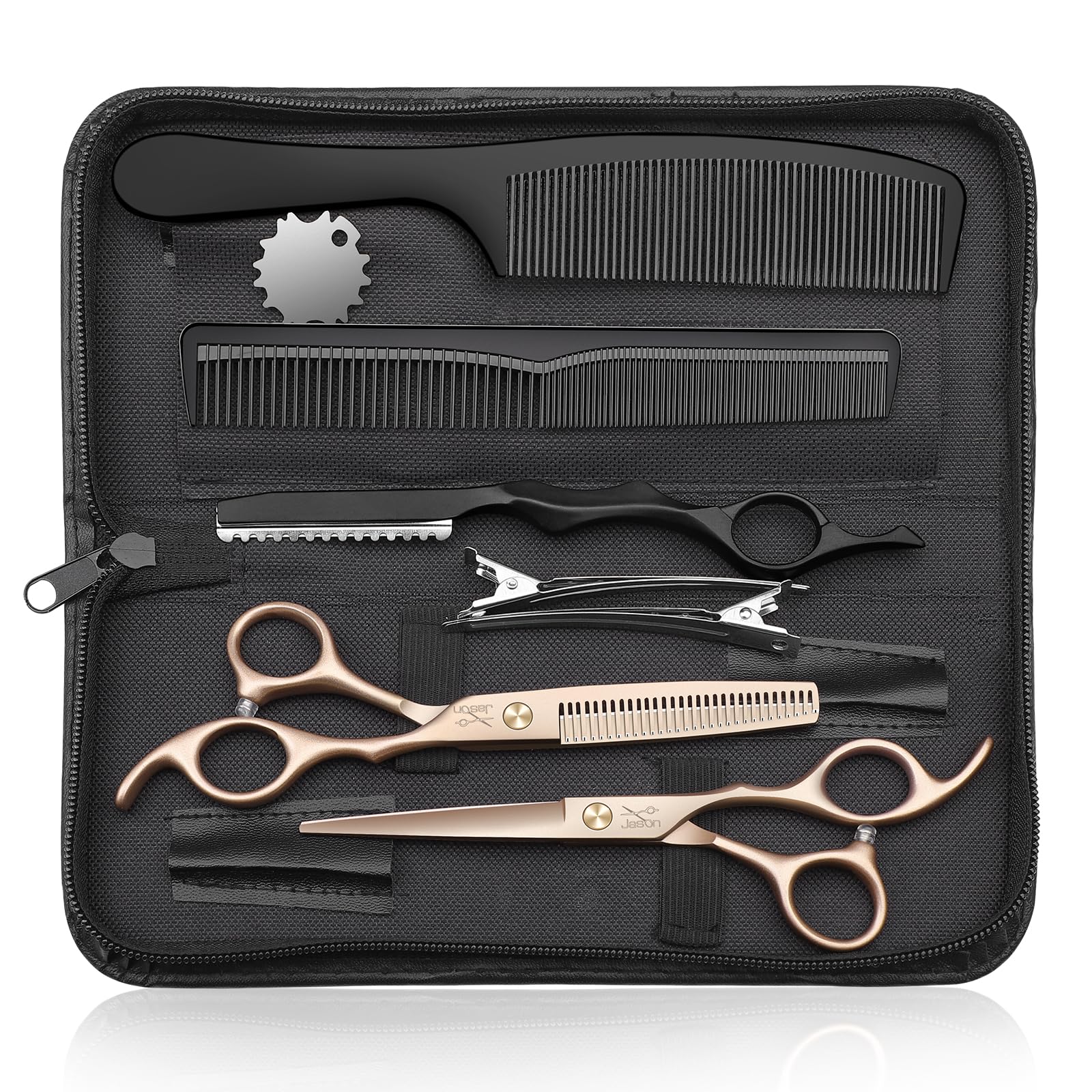 JASON Hair Cutting Scissors Kit - Professional 10 PCS Haircut Scissors Set with 6.7" Thinning/Texturizing Scissors, Straight Shears for Men Women Home Salon Barber (30 Teeth, Rosegold)