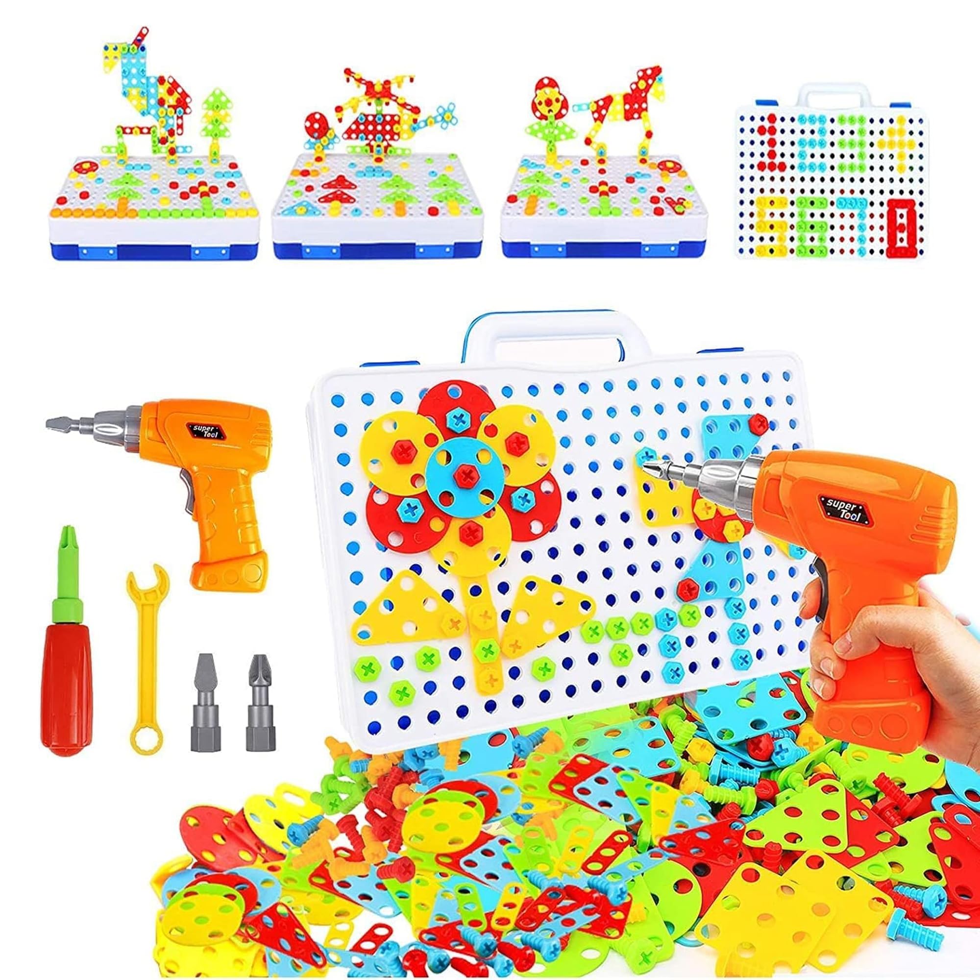 Kidology Electric Drill Screw Tool Set Creative Mosaic Puzzle Toy, DIY 3D Creativity Educational Kit Construction Toy Building Block Toys for Kids, Girls and Boys (Creative Mosaic -267Pcs)