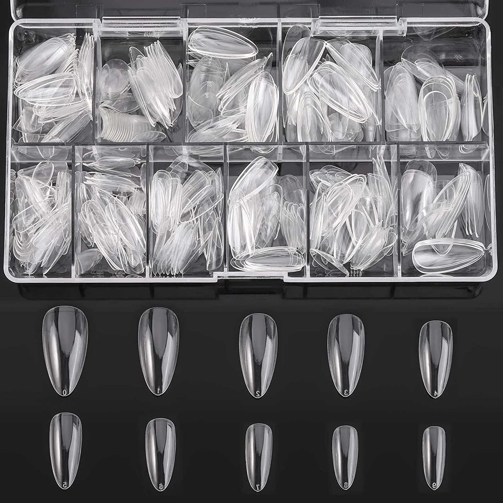 YHOME 500PCS Almond Nails Tips Full Cover Press on Nails Clear False Nails Acrylic Fake Nails with Box of 10 Sizes for Art Extension Home DIY Nail Salon