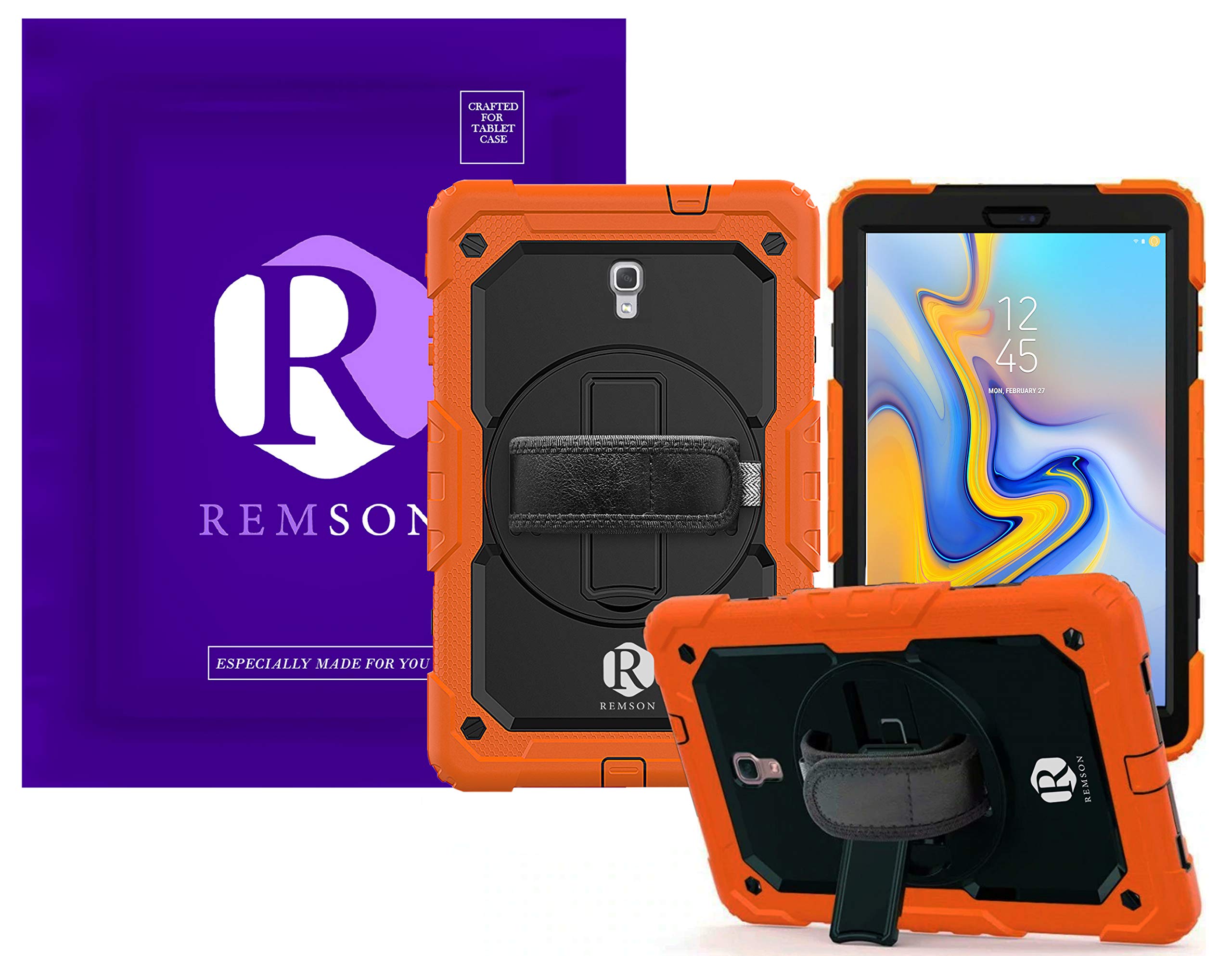 Remson Full Body Rugged Shockproof Drop Protection with 360 Rotating Kickstand/Shoulder Strap Cover for Samsung Galaxy Tab A 10.5 T590 2018 (Orange)