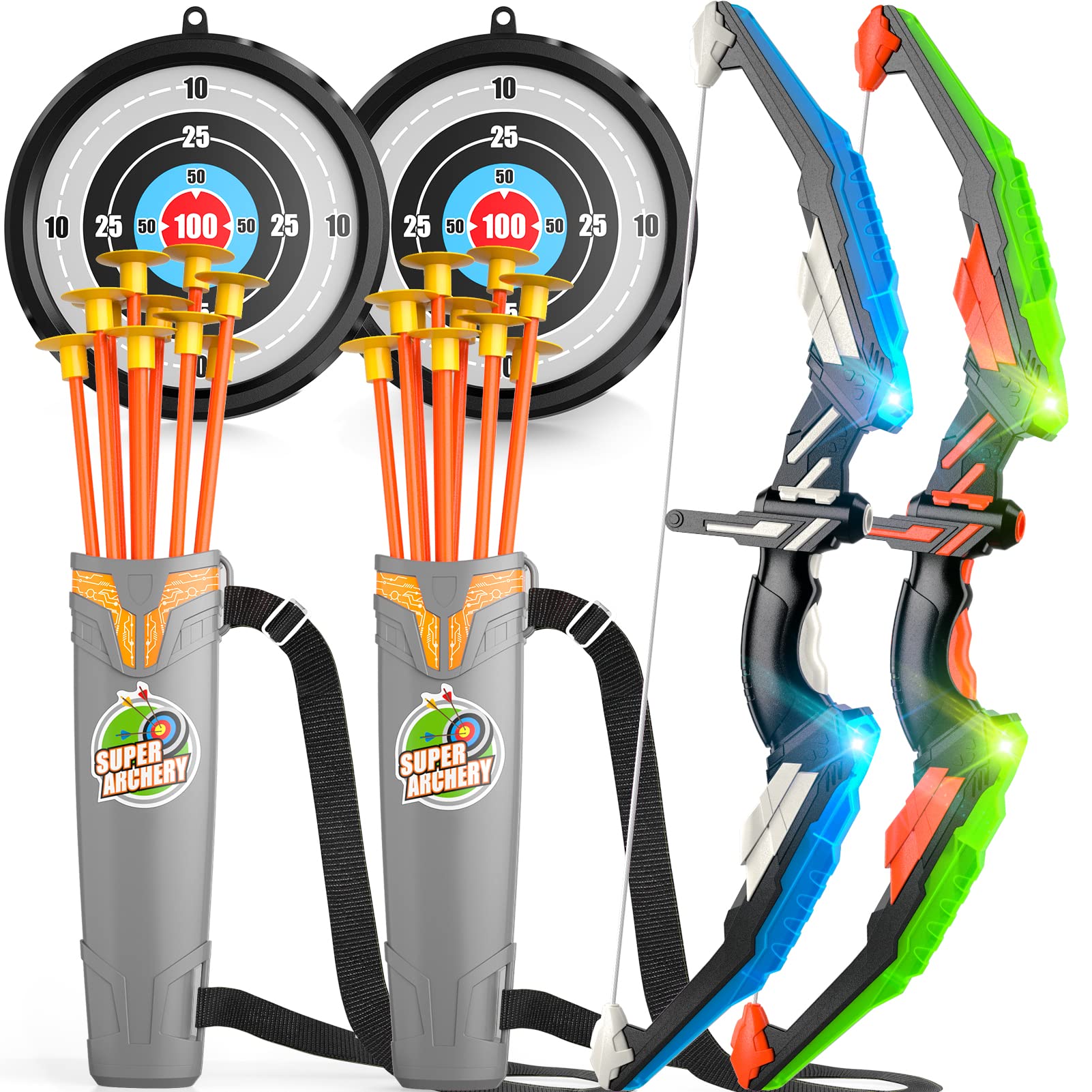 Bow and Arrow for Kids, Kids Archery Set with Light-up LED Includes 10 Suction Cup Arrows, Target & Quiver, Indoor & Outdoor Kids Archery Boys Toys Gifts for 3 4 5 6 7 8-12 Years Old Boys Girls