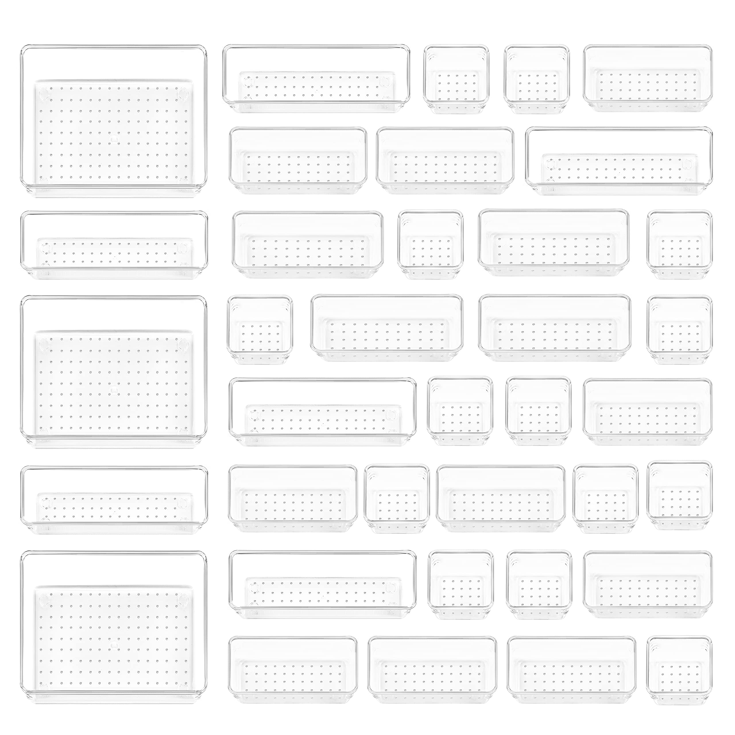 37 PCS Clear Plastic Drawer Organizers Set, Vtopmart 4-Size Versatile Bathroom and Vanity Drawer Organizer Trays, Storage Bins for Makeup, Jewelries, Kitchen Utensils and Office