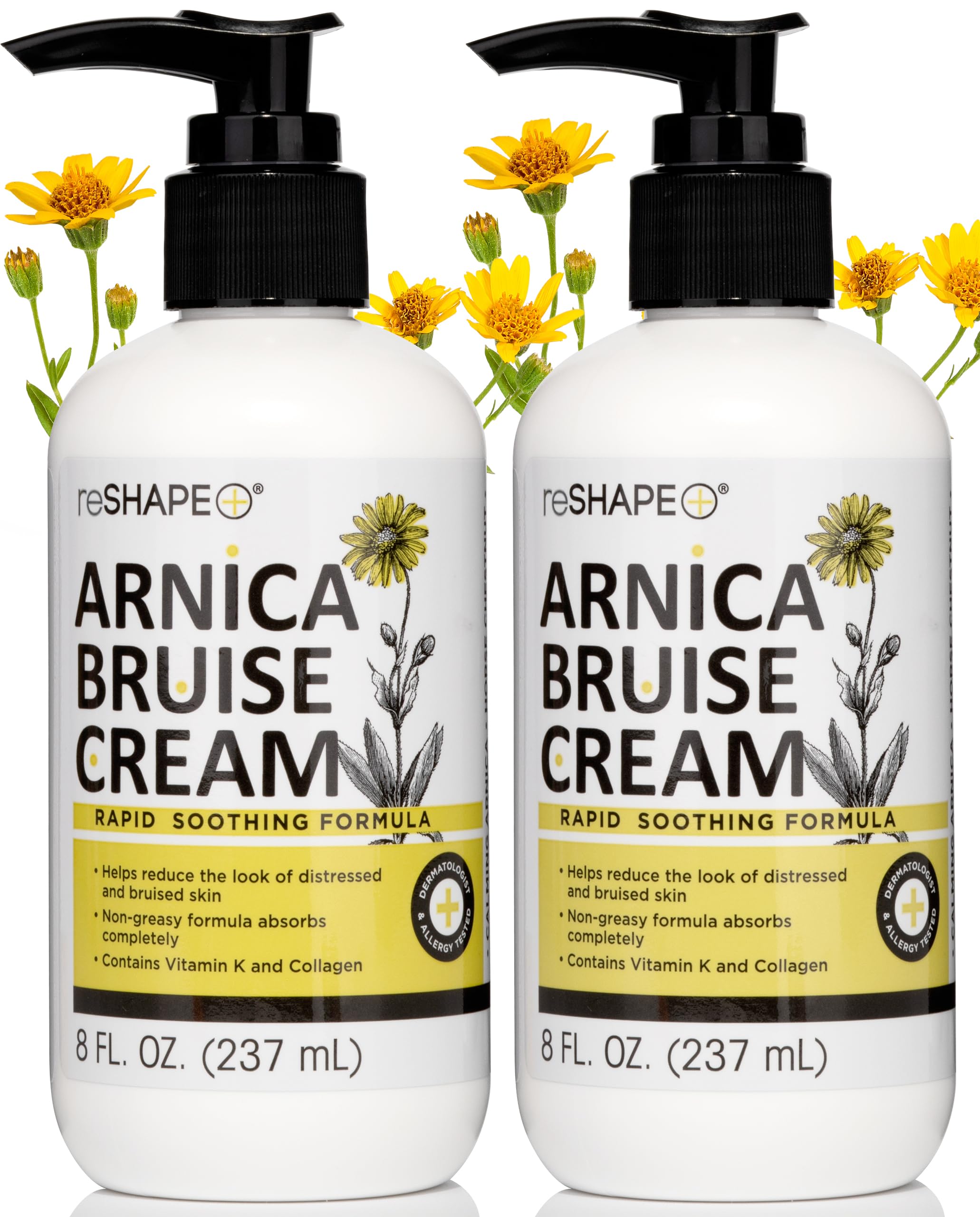 Reshape+ Arnica Bruise Relief Topical Cream For Bruising, Swelling, & Discoloration On Skin, Natural Skin Care Homeopathic Arnica Lotion W/Vitamin K, Horse Chestnut, & Collagen, 8 Fl Oz (2-Pack)