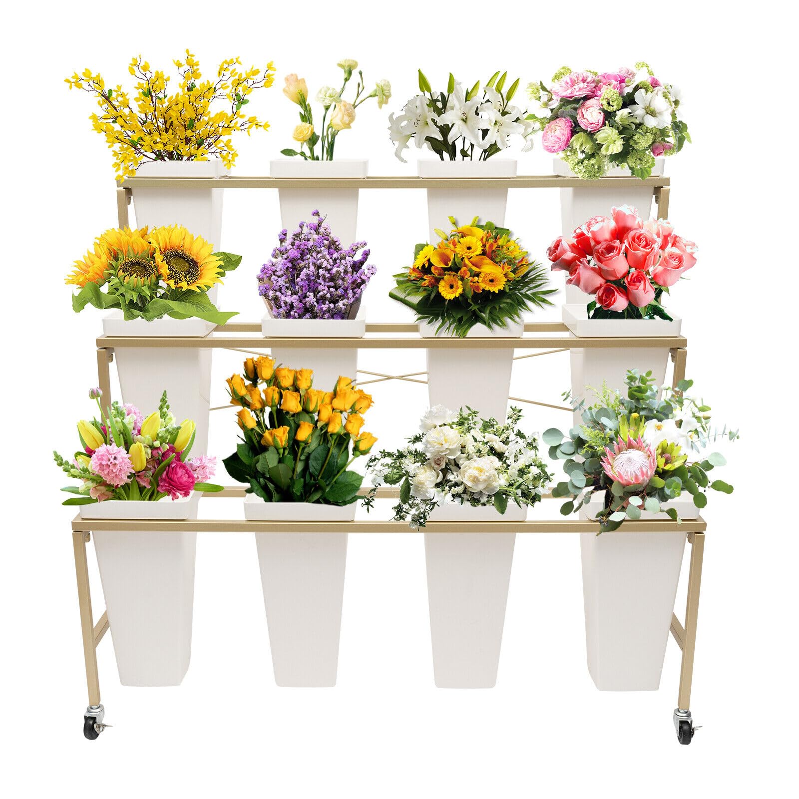 Flower Display Stand With 12* Bucket,3-layer Heavy Duty Metal Plant Cart Shelf W/wheels,for Patio Garden, Living Room, Indoor Outdoor Flower Pop-Up Events