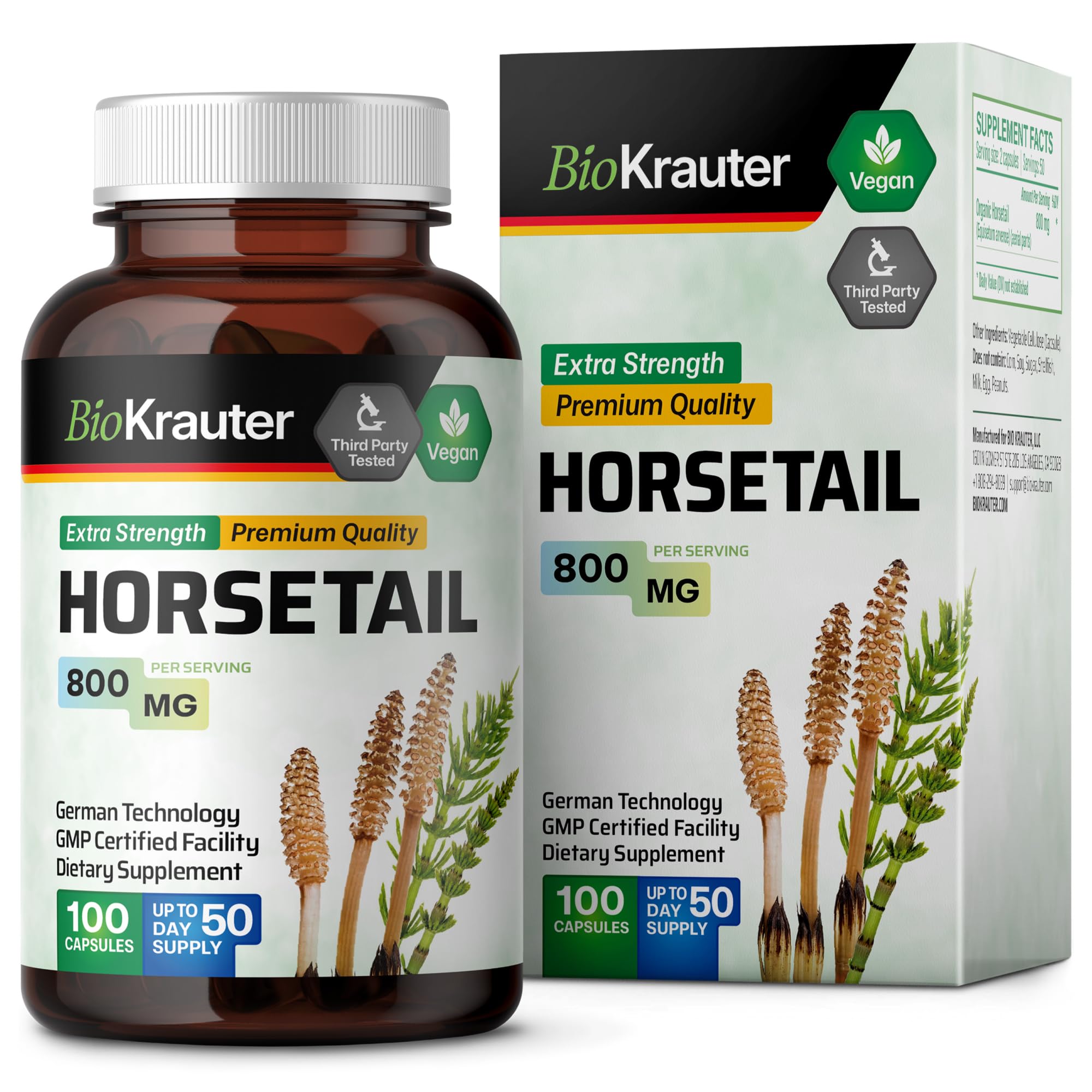 BIO KRAUTER Horsetail Herb Capsules - 800 mg Strength - 100 Count - Horsetail Powder Capsules - Hair Support