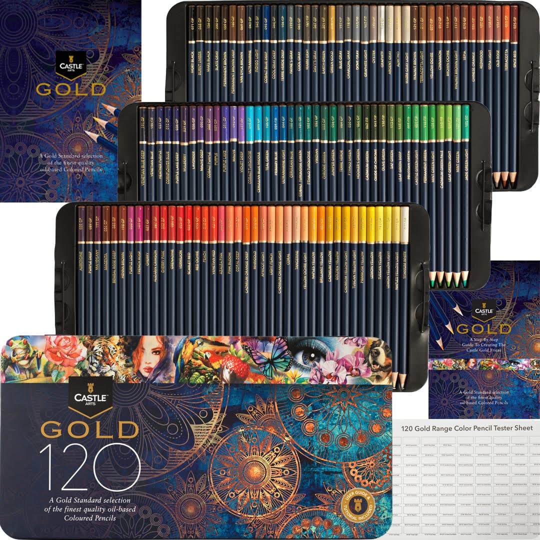 Castle Art SuppliesGold Standard 120 Colouring Pencils Set | Quality Oil-based Coloured Cores Stay Sharper, Tougher Against Breakage | For Adult Artists, Colourists | In Presentation Tin Box