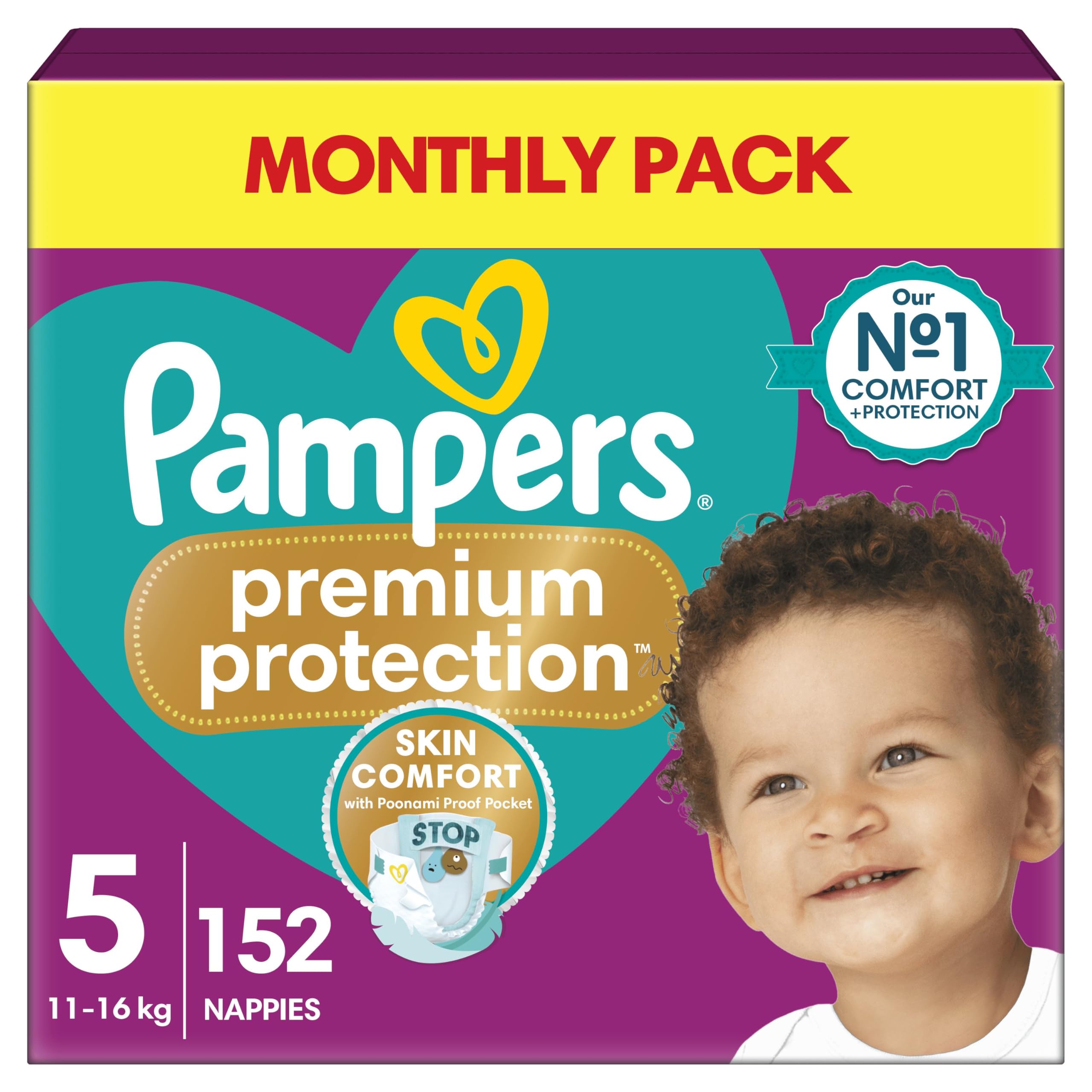 PampersPremium Protection Size 5, 152 Nappies, 11kg-16kg, Monthly Pack, Double Protection for skin and against leaks