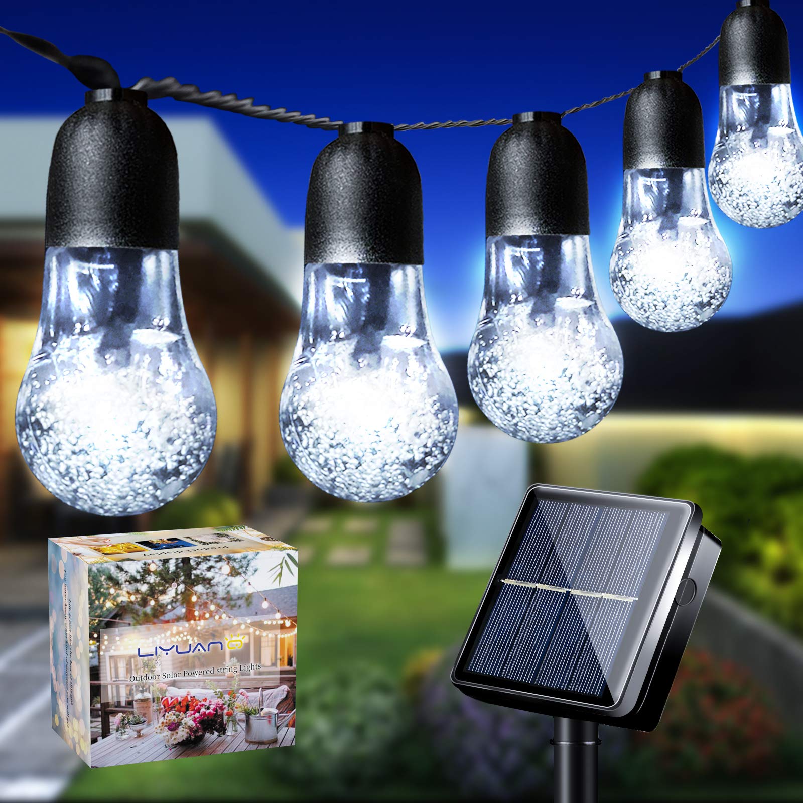 LiyuanQ Solar String Lights Garden 33Ft 50LED Waterproof Fairy Lights Outdoor 8 Mode Solar Powered Crystal Ball Bulb Lights Decorative Lighting for Patio Yard Home Wedding Christmas Party（Cool White）