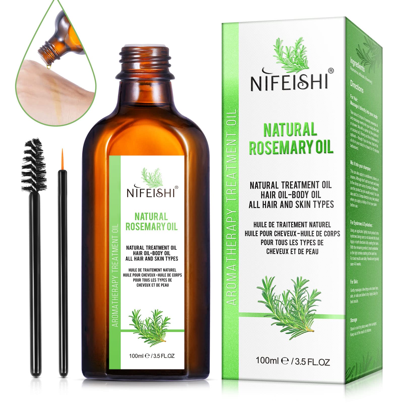 NIFEISHI Rosemary Oil (3.5 Oz), Rosemary Oil for Hair Growth, Natural Rosemary Treatment Oil For Hair & Body, Dry Skin, Face, Eyebrow and Eyelash Growth, Improved Hair Growth, Hair Loss Treatment