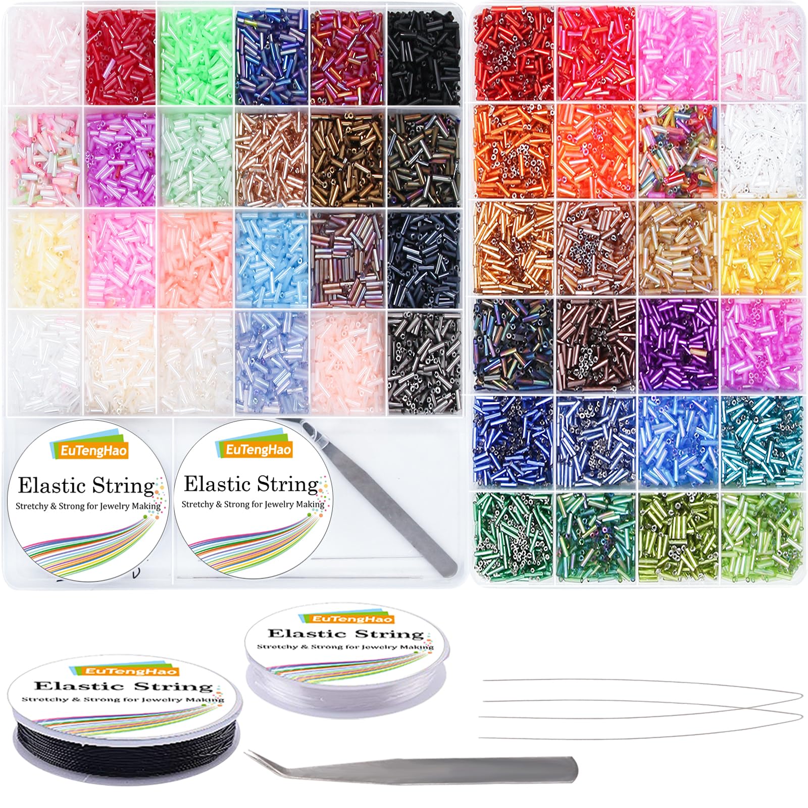 EuTengHao 14400pcs Tube Beads Kit, Glass Bugle Seed Beads Small Craft Beads for DIY Crafting Jewelry Making Supplies (7mm, 300 Per Color, 48 Colors)