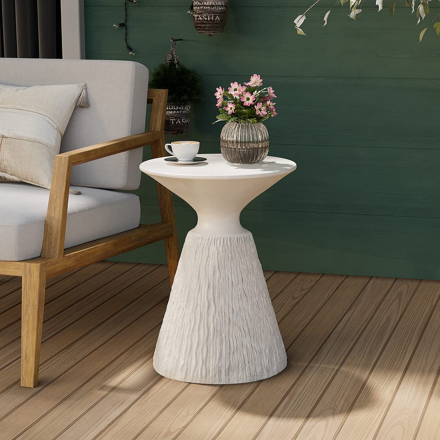 COSIEST Outdoor Side Table, Mushroom Shaped Concrete Accent Table, Lightweight Patio End Table with Rotund Base, Round Top Plant Stand for Garden and Deck, Off White