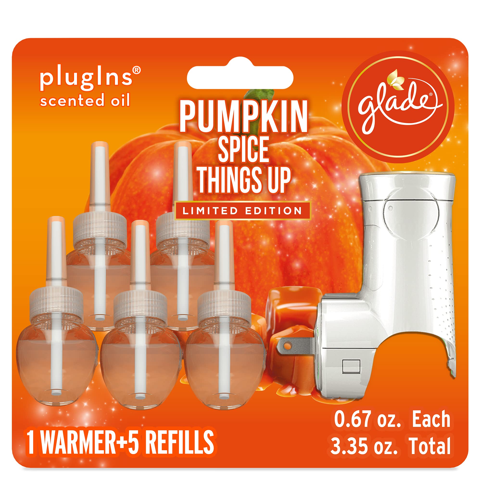 GladePlugIns Refills Air Freshener Starter Kit, Scented and Essential Oils for Home and Bathroom, Pumpkin Spice Things Up, 3.35 Fl Oz, 1 Warmer + 5 Refills