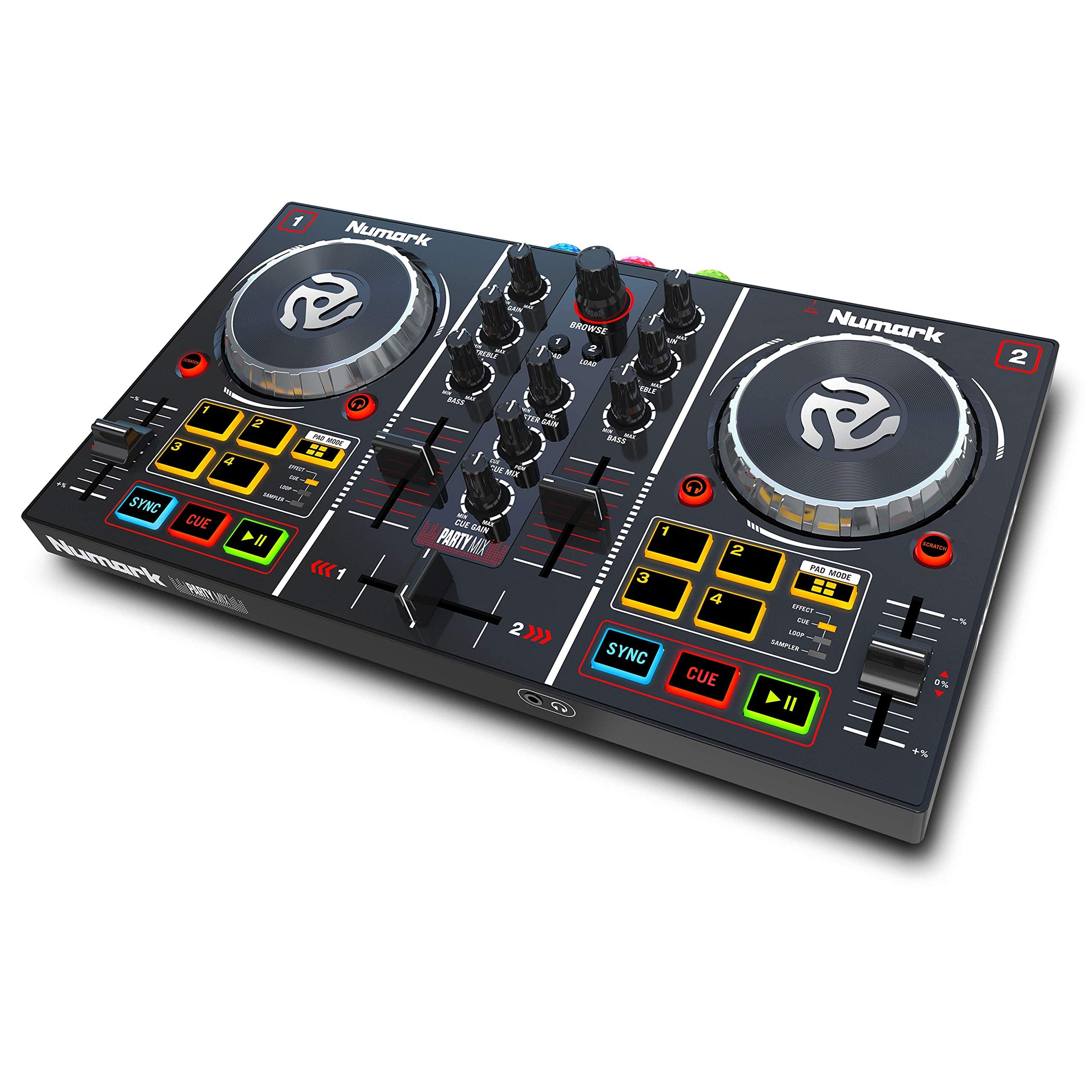 Numark Party Mix - Complete DJ Controller Set for Serato DJ with 2 Decks, Party Lights, Headphone Output, Performance Pads and Crossfader/Mixer