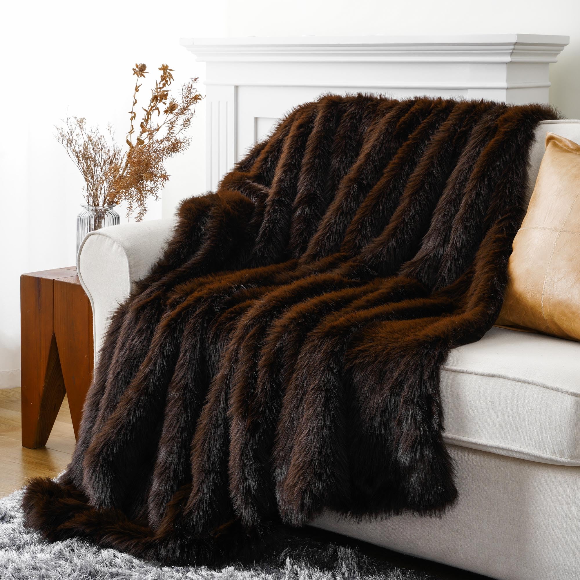 BATTILO HOME Luxury Brown Faux Fur Throw Blanket, Large Soft Warm Cozy Fuzzy Fluffy Fur Blankets and Throws for Bed, Home Decor, King Size Fur Blanket with Long Pile, 60"x80"