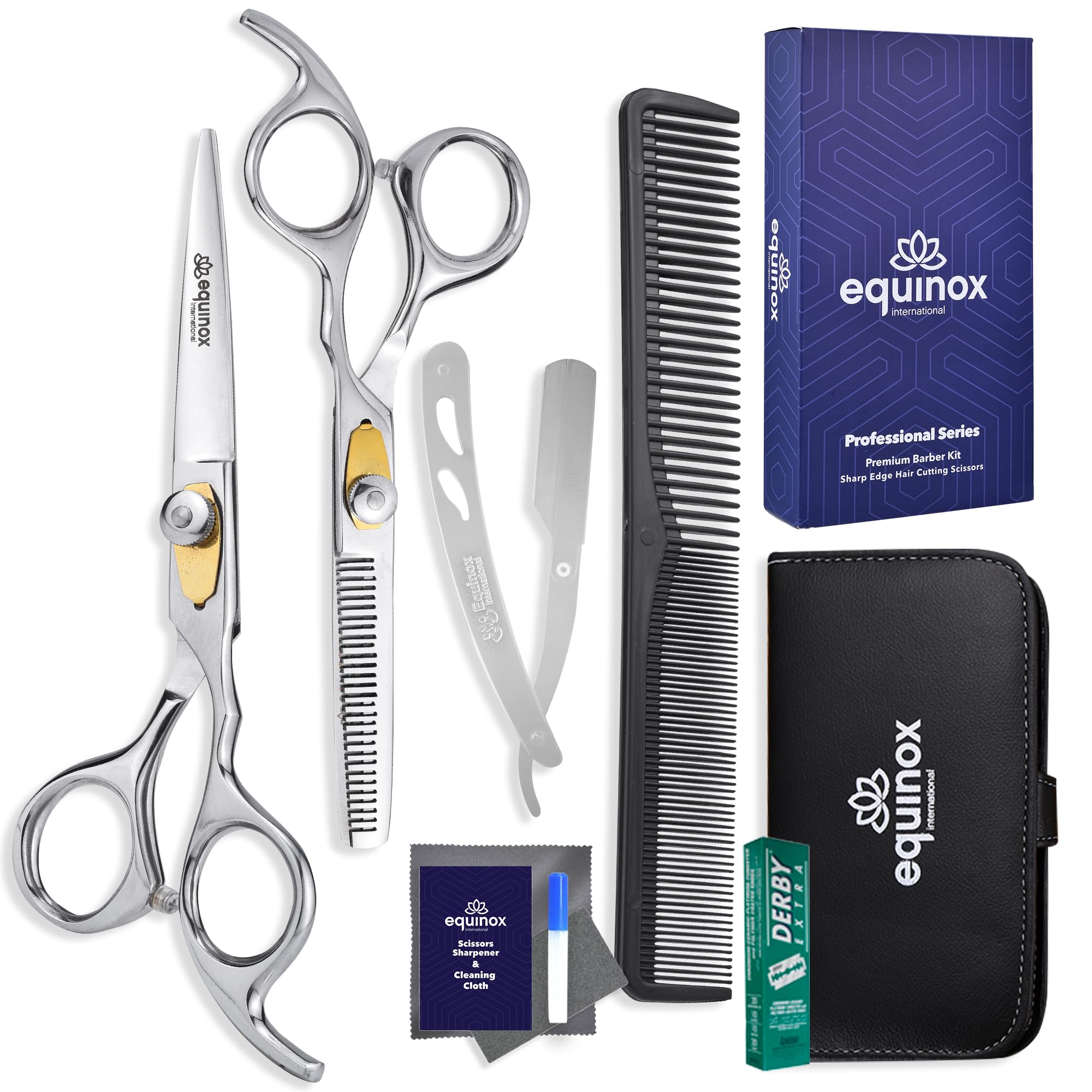 Equinox Professional Hair Scissors Set - Premium Barber Kit, Includes Hair Cutting Scissors, Thinning Shears, Straight Razor, Basic Comb, Cleaning Cloth, Oil & Sandpaper - Hair Salon & Barber Supplies