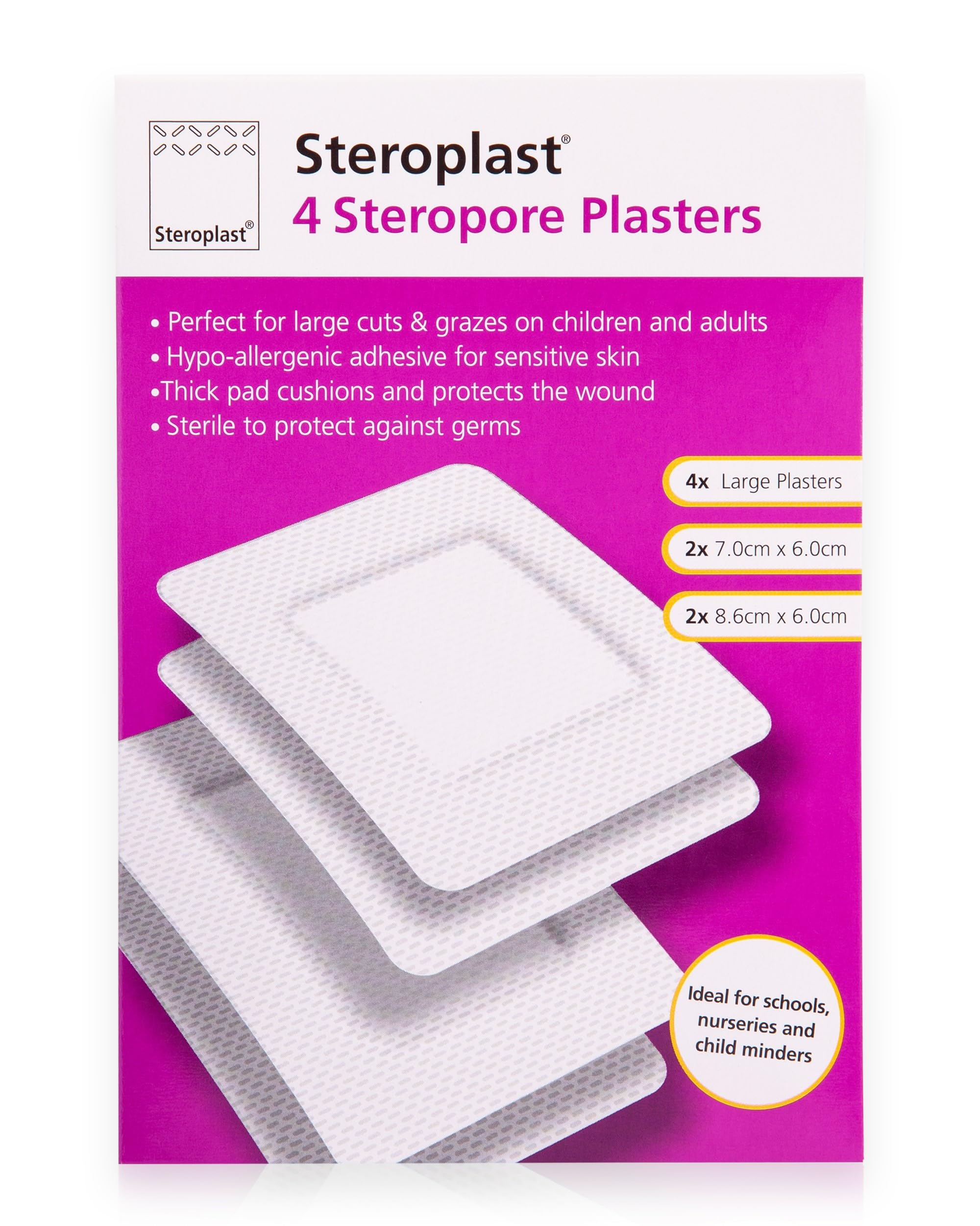 Steroplast Steropore Large Adhesive Wound Dressing Plasters | 4 Wound Dressings | 7cm x 6cm & 8.6cm x 6cm | Extra Large Dressings for Large Cuts & Grazes, Sores & Ulcers