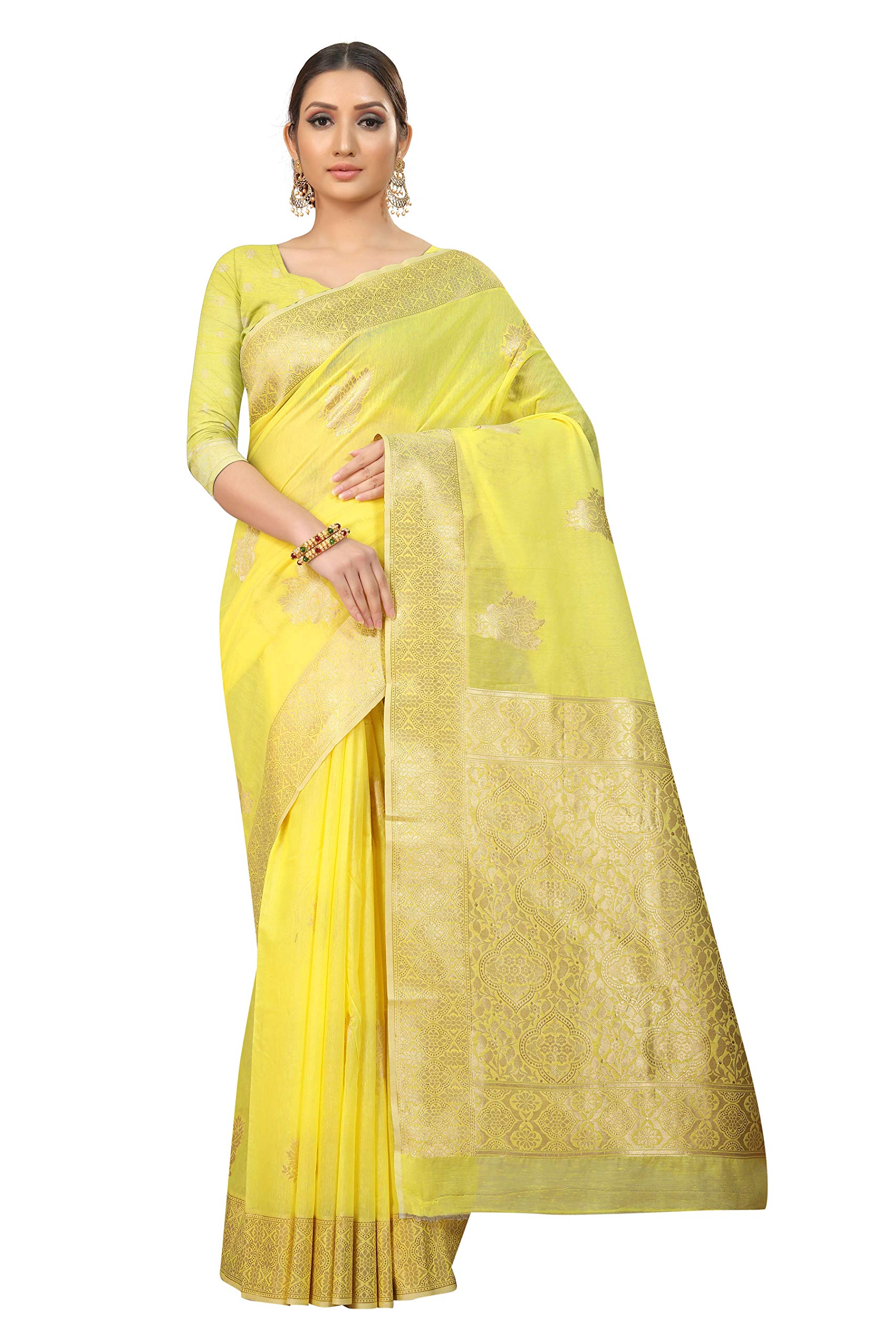 EnthoneWomen's Cotton Gold Zari Woven Thread Saree With Unstitched Blouse Piece