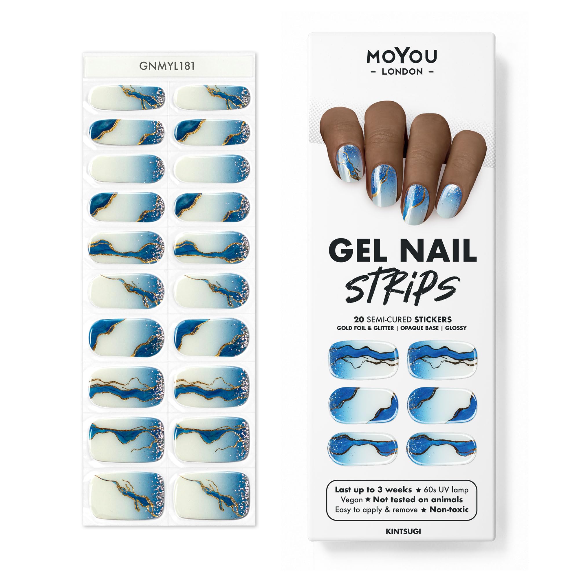 MOYOU LONDON Semi Cured Gel Nail Wraps, 20 Pcs Gel Nail Polish Strips for Salon-Quality Manicure Set with Nail File & Wooden Cuticle Stick (UV/LED Lamp Required) - Kintsugi