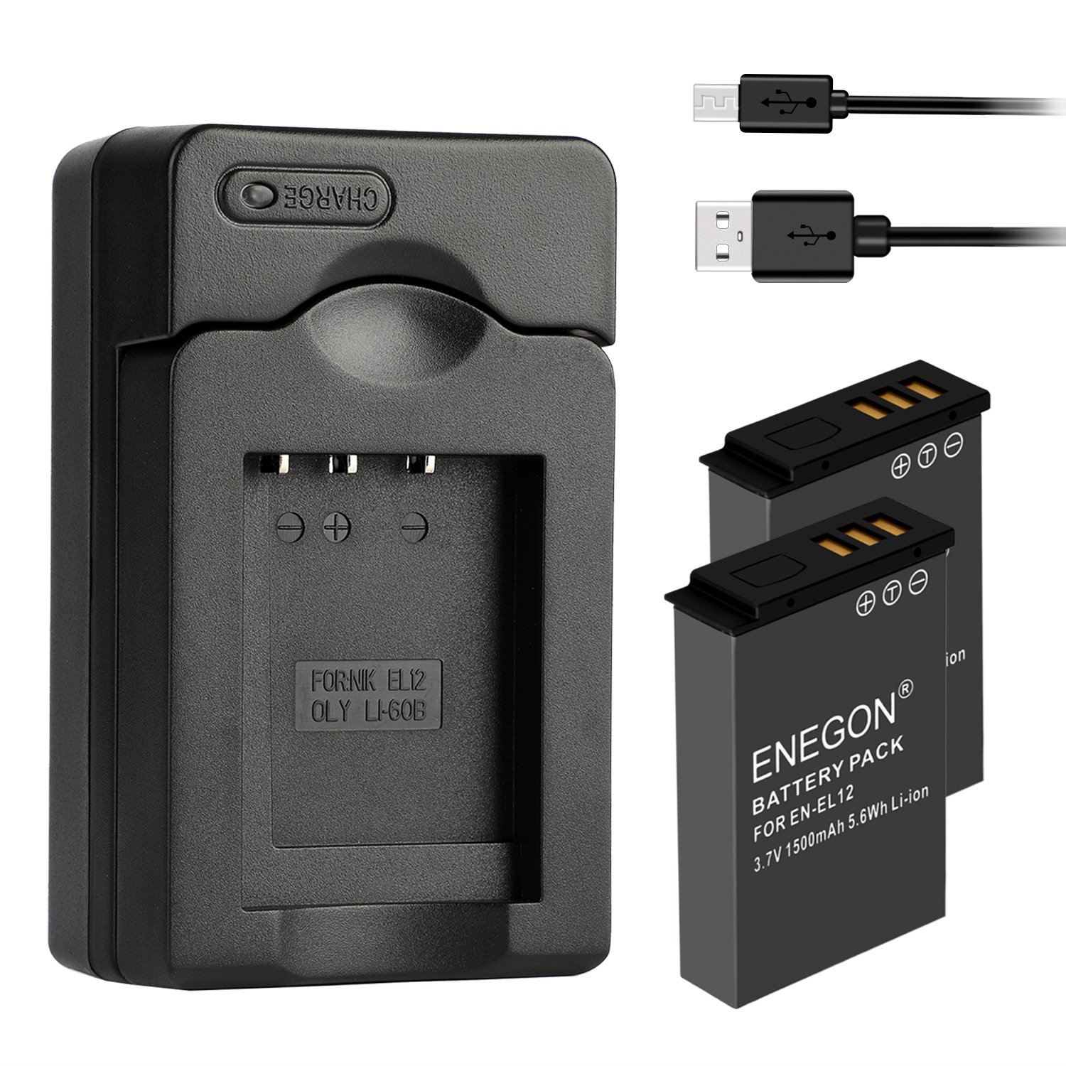 ENEGONReplacement Battery(2-Pack) and USB Charger for Nikon EN-EL12 and Nikon KeyMission 360 KeyMission170 Nikon Coolpix AW100 AW100S AW130 A900 W300 S800C S6300 S9900 S1200pj Cameras.