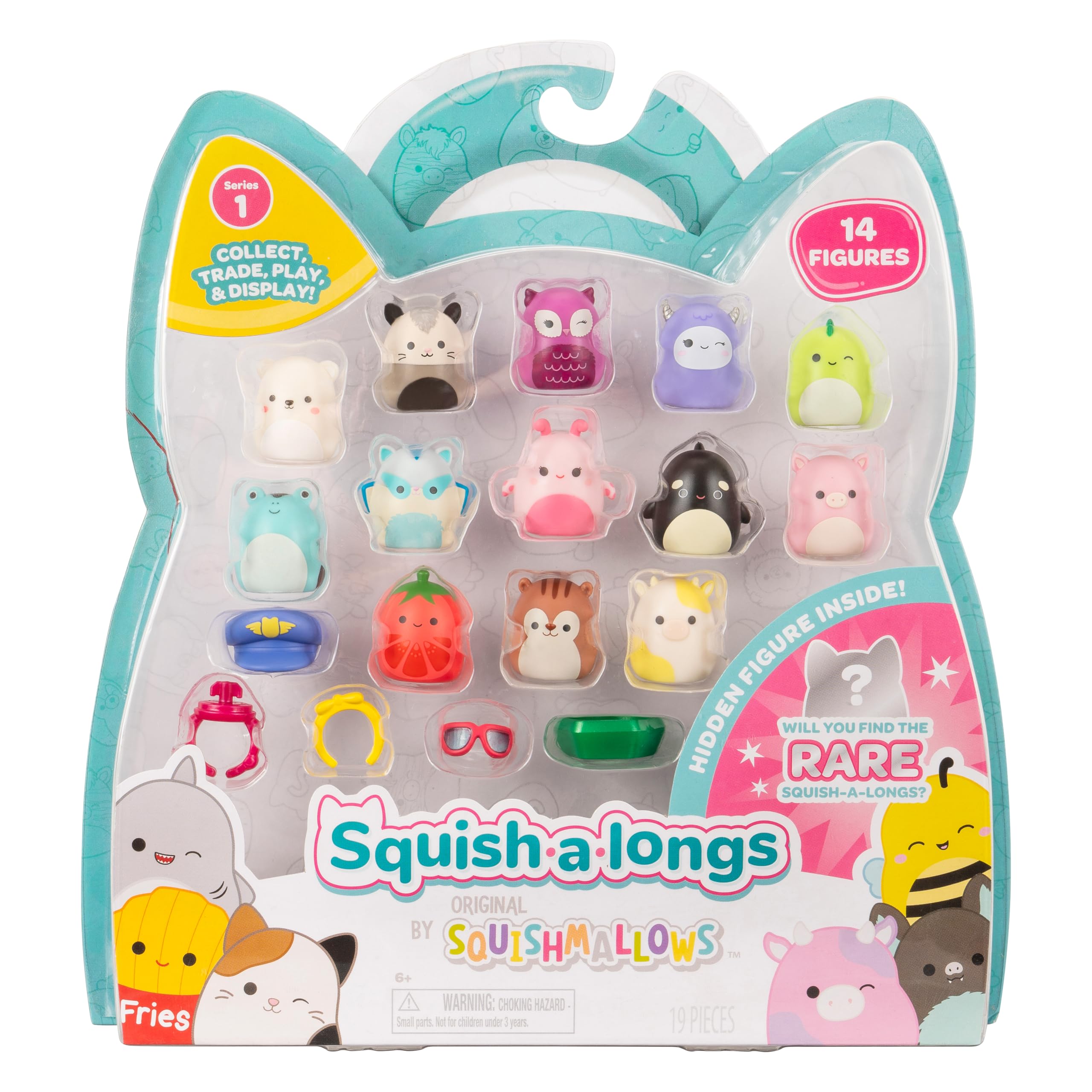 SQUISH-A-LONGS 14 Pack - 1” Mini-Squish with 4 Accessories, 1 Ring, and a Collector’s Guide - Collect, Trade, & Play