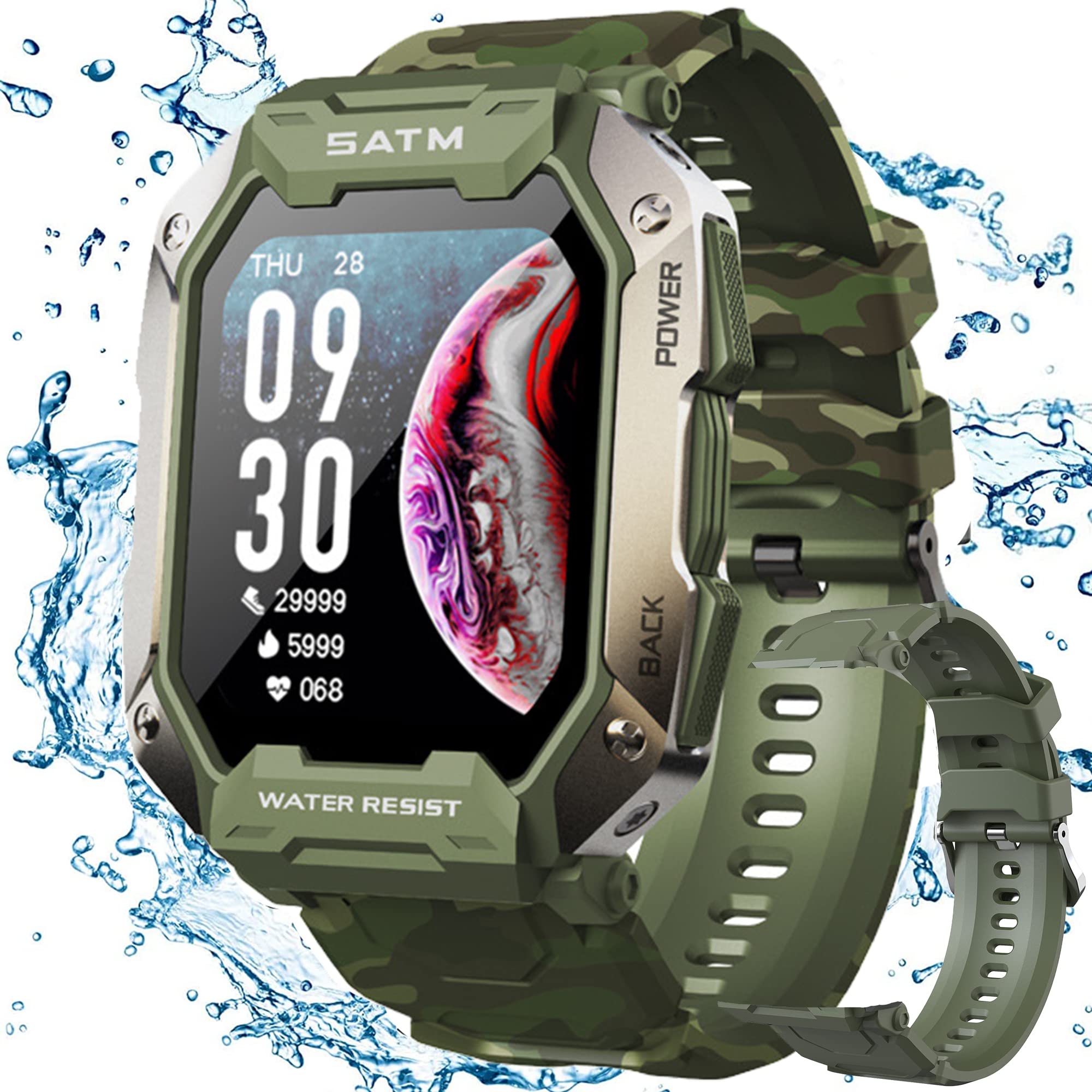 Smart Watch for Men Women, 5ATM Waterproof Fitness Activity Tracker with Blood Pressure/ Blood Oxygen/Heart Rate/Sleep Monitor, 1.72" Tactical Military Sports Smartwatch for iPhone Android (Green)