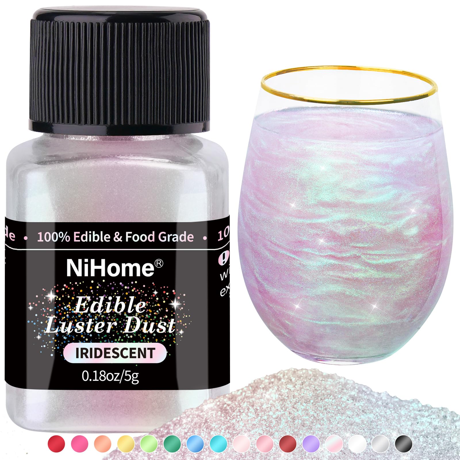 NiHomeEdible Food-Grade Glimmer Powder Glitter Luster Dust Metallic Food Decorating Sprinkle Glimmery Dust for Drink Wine Beverage Cake Candy Dessert Bakery Restaurant Vegan (0.18oz/5g, Iridescent)