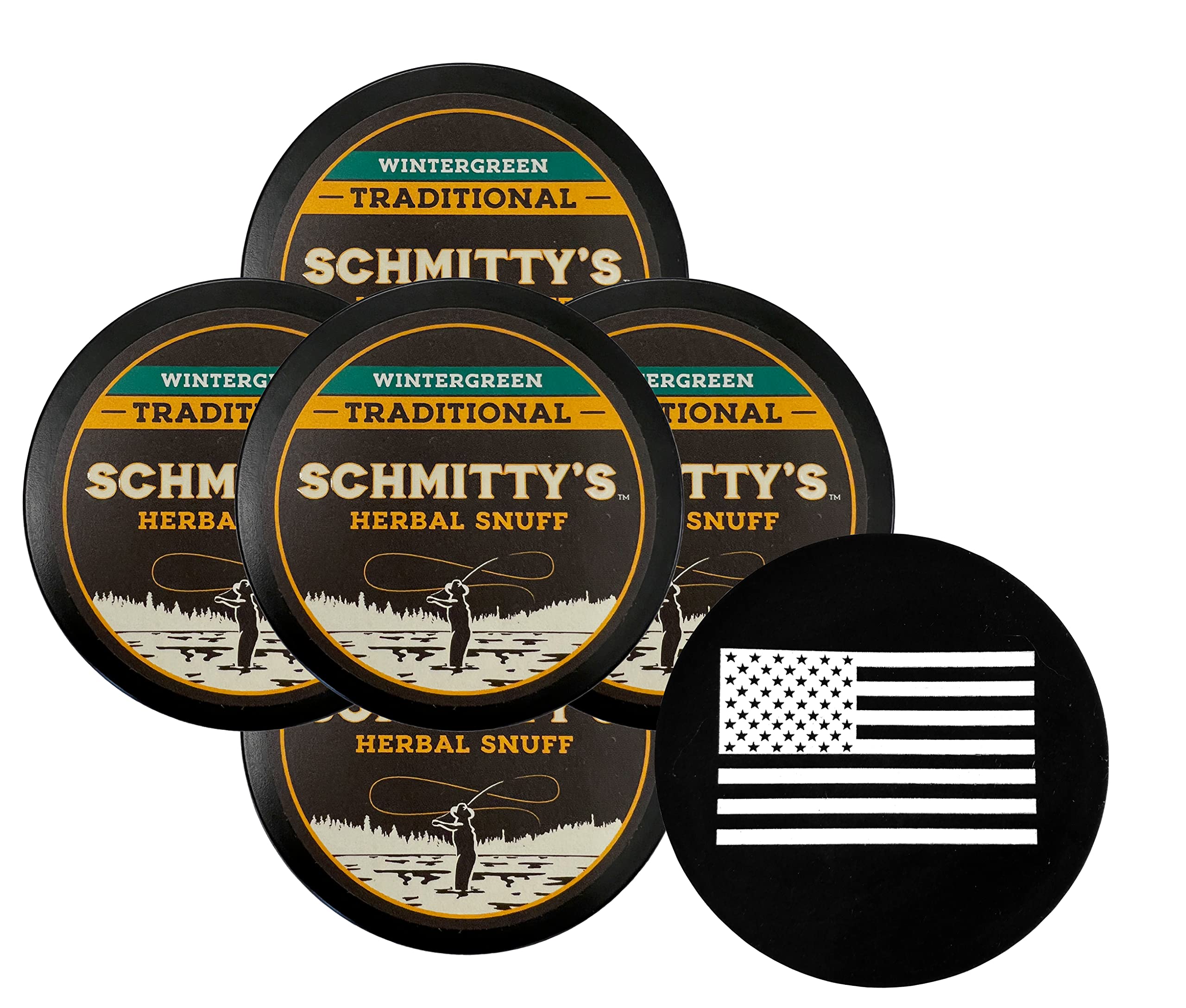 Schmitty's Herbal Snuff Wintergreen 5 Cans with DC Crafts Nation Skin Can Cover - US Flag