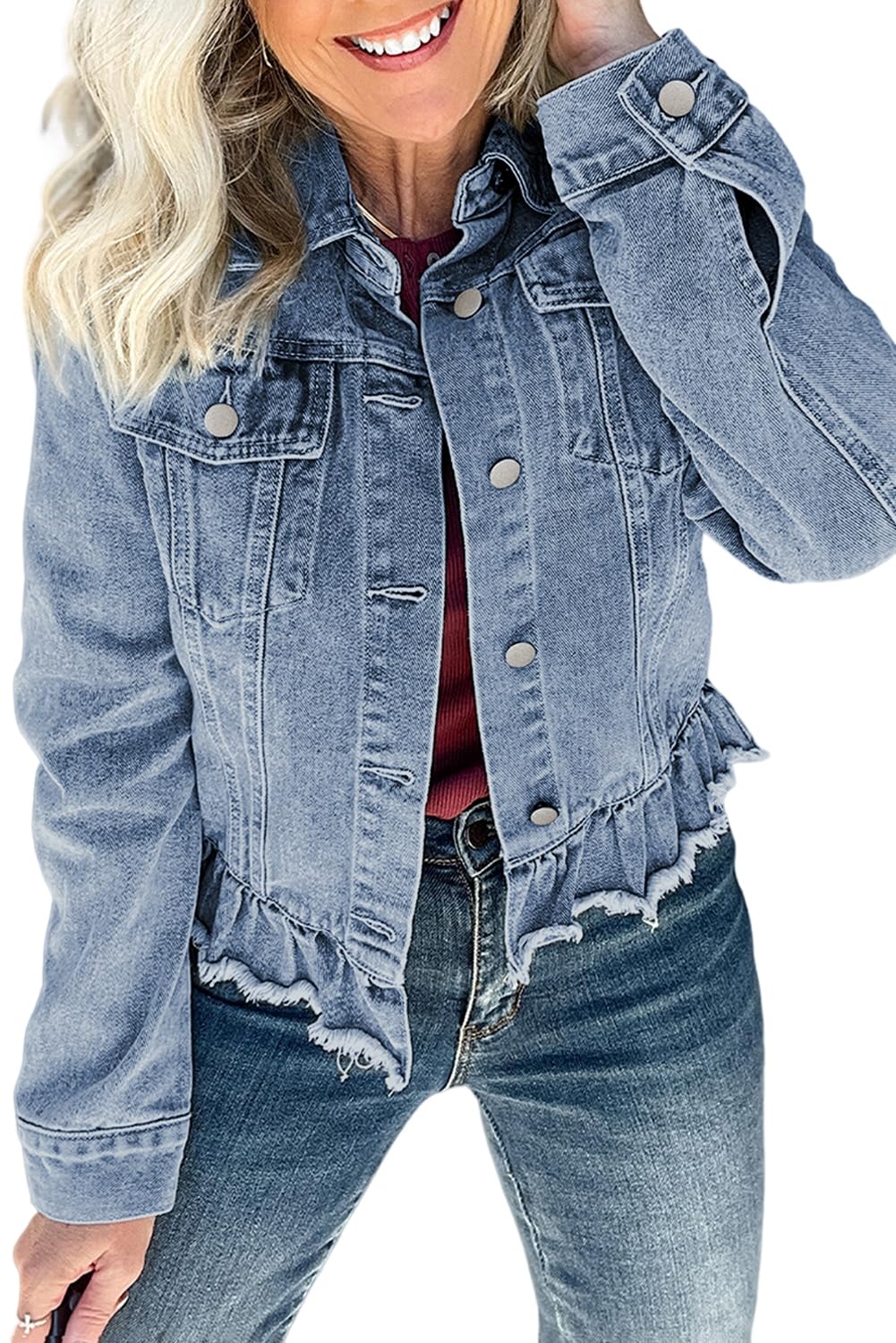 EcosunnyWomens Casual Long Sleeve Button Down Shirt Jacket Ruffle Hem Flap Pockets Denim Shacket Lightweight Coat Tops