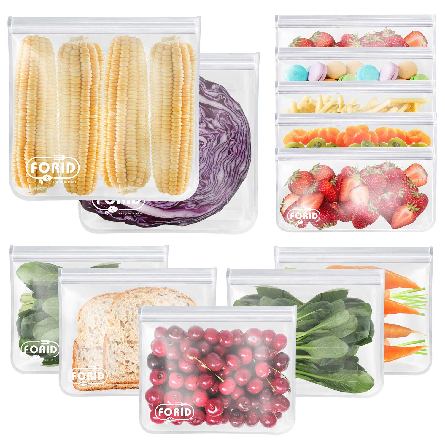 Reusable Storage Bags - 12 Pack EXTRA THICK Freezer bags (2 Reusable Gallon Bags & 5 Reusable Sandwich Bags & 5 Reusable Snack Bags) FDA Grade LEAKPROOF Lunch Bag for Food Travel Items Storage