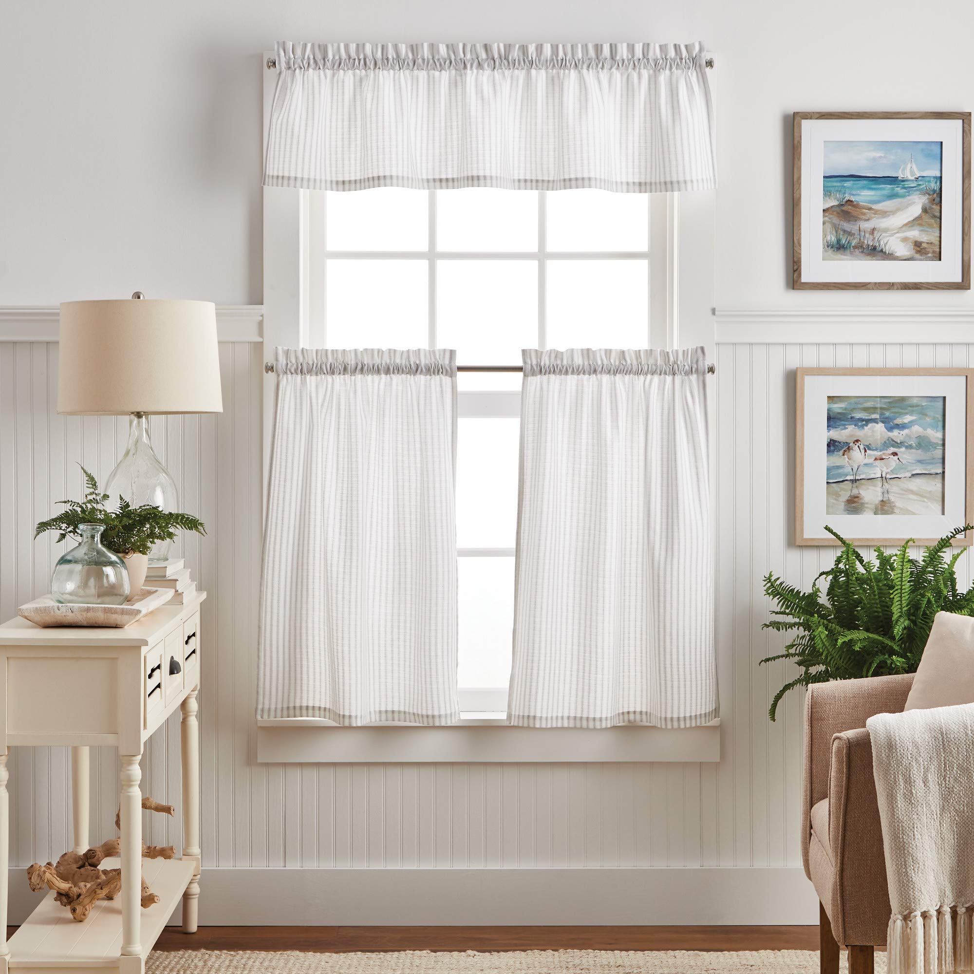 Martha Stewart Ticking Stripe 3-Piece Window Curtain Valance and Tiers Set, White Grey