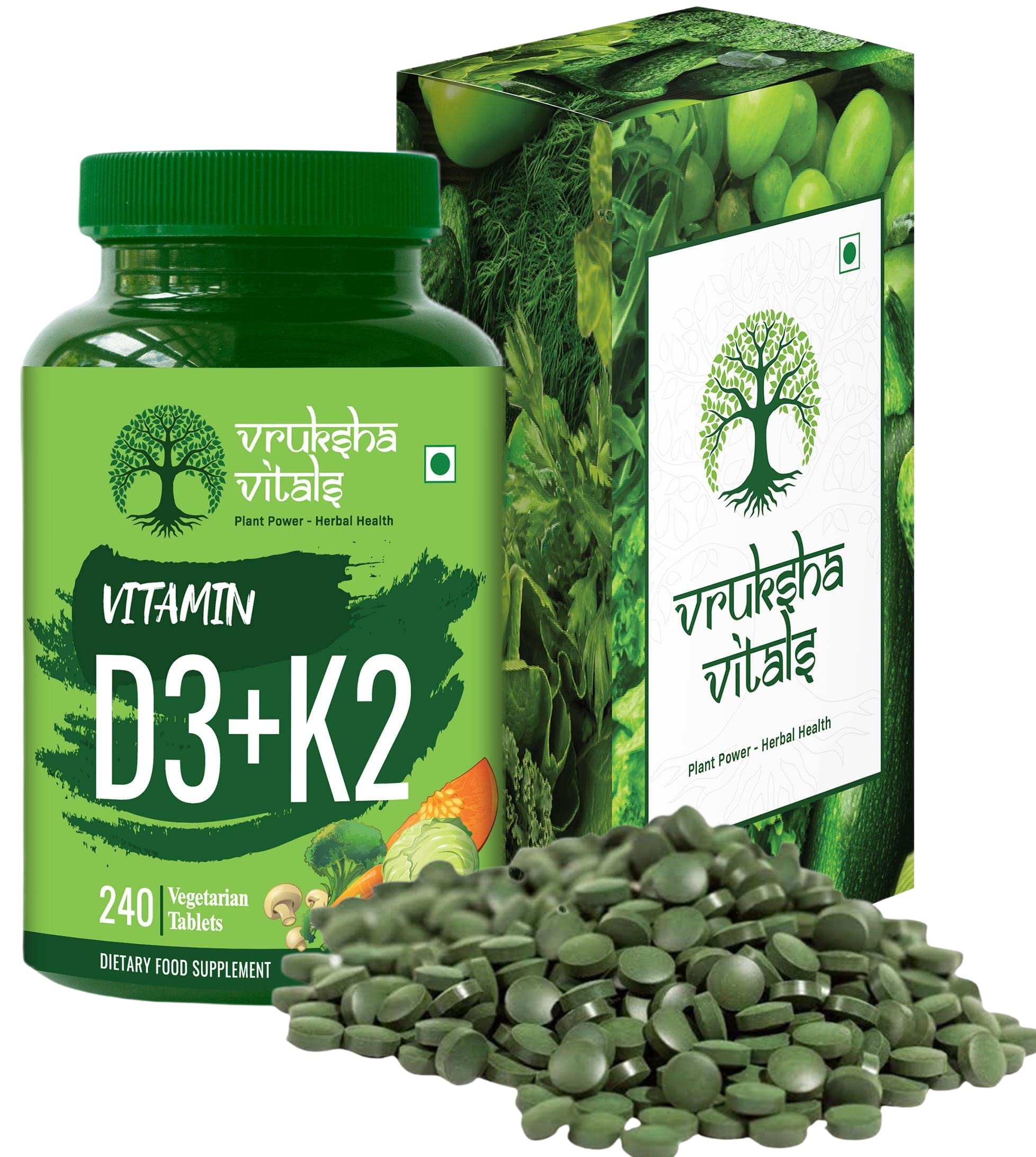 Vruksha Vitals Vit D3 & K2 100% RDA, 240 Tablets - For Adults & Kids - Plant based Vitamin D3 600 IU & Vitamin K2 as MK7 55 mcg, Vitamin D & Vit K Vegan Tablets/Capsules Supplement