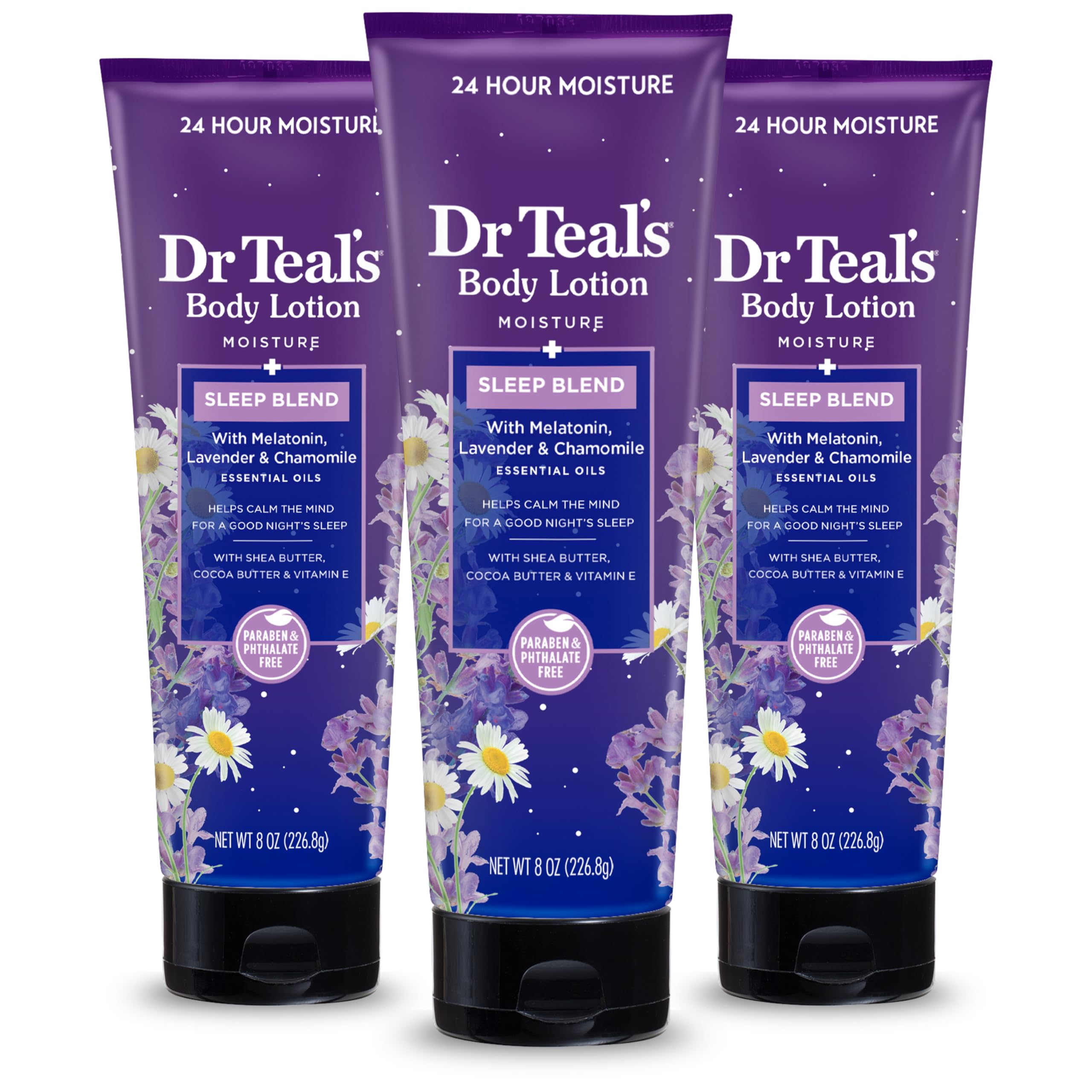 Dr Teal's Sleep Body Lotion, 24-Hour Moisture, with Melatonin, Lavender & Chamomile Essential Oils, 8 fl oz (Pack of 3)(Packaging May Vary)