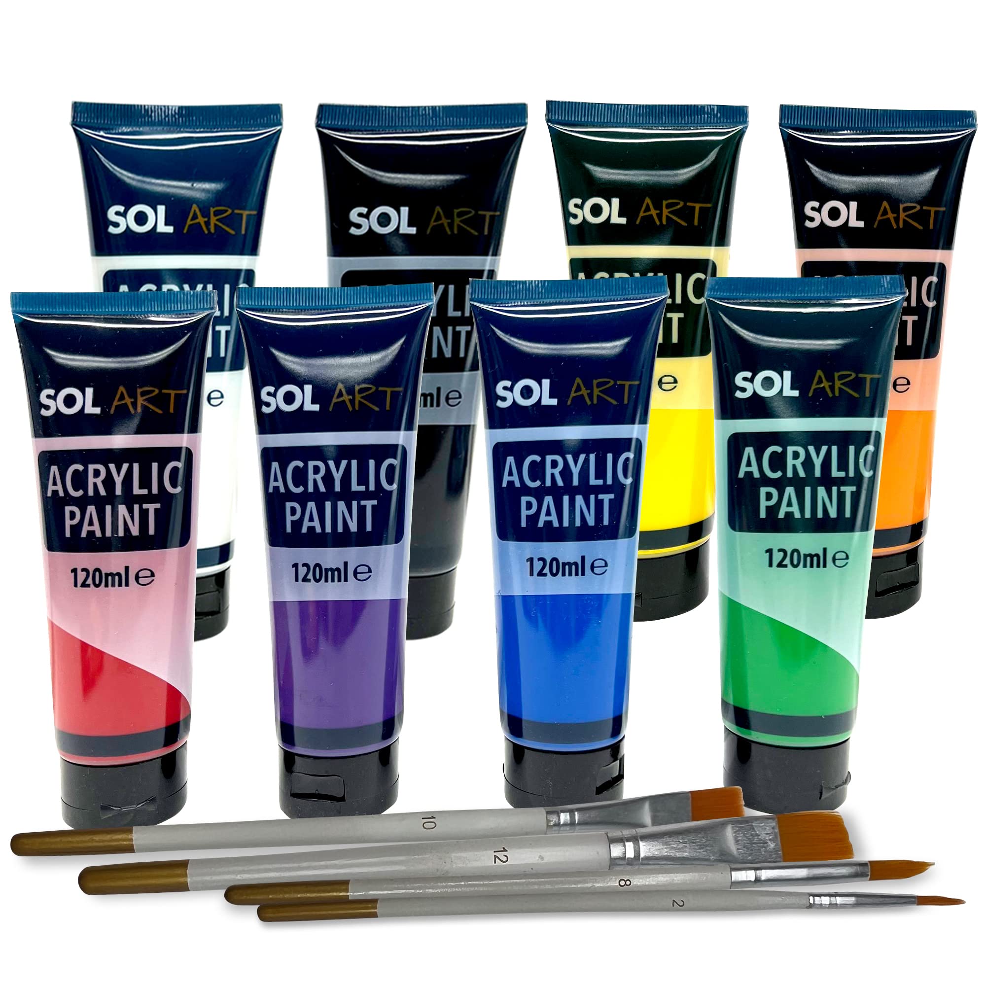 SOL 12pk Acrylic Paint Set | 8x 120ml Acrylic Paints Set + 4 Brushes | Acrylic Paints for Artists Art, Craft, Ceramic, Canvas Paint | Acrilic Painting Set Craft Paint Acyrillic Paint Acrylic Paint Kit