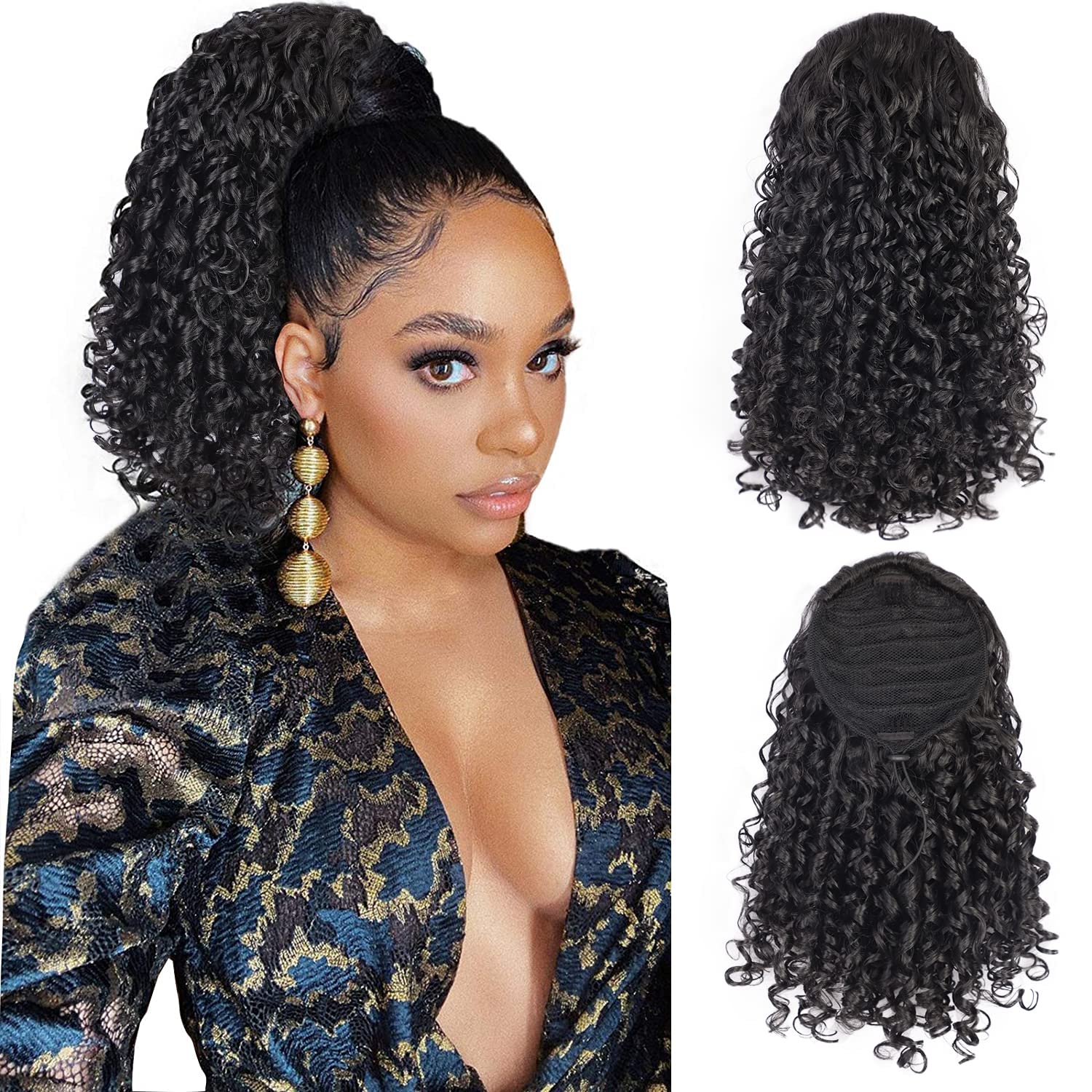 AISI BEAUTYBlack Curly Ponytail Extension Drawstring Ponytail for Black Women 14 Inch Fake Ponytail Synthetic Ponytail with 2 Clips in(Jet Black)