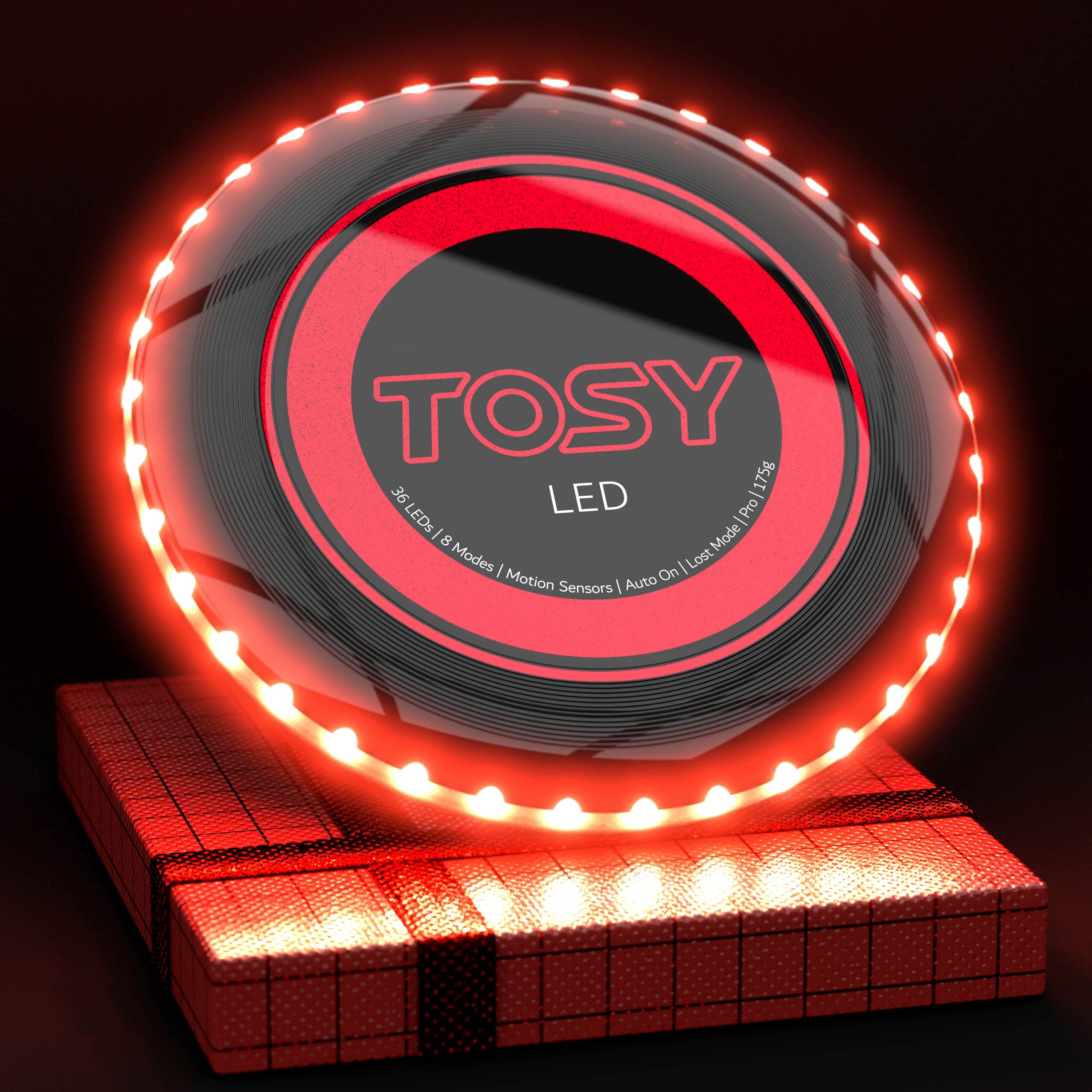 TOSY Ultimate Flying Disc - Super Bright - 36 LEDs - Motion Detection - Rechargeable - Adjustable Brightness & Timer Modes - 175 Grams (Red)