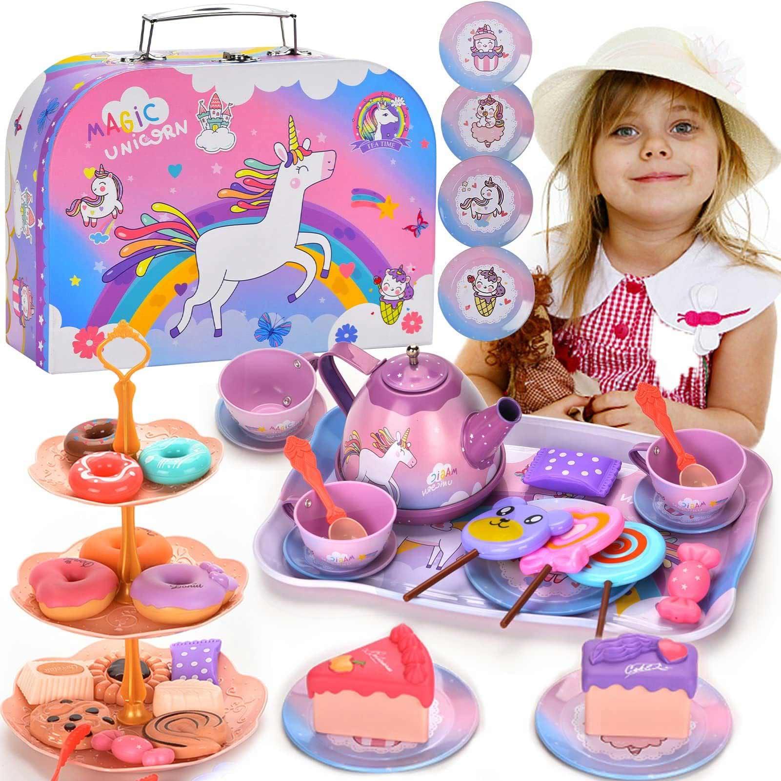 Lajeje Unicorn Toys Tea Party Set for Little Girls, Birthday Gift for Age 3 4 5 6 Year Old, Princess Tea Set Toys for Little Girls, Kids Kitchen Pretend Toy with Tin Tea Set, Desserts & Carrying Case