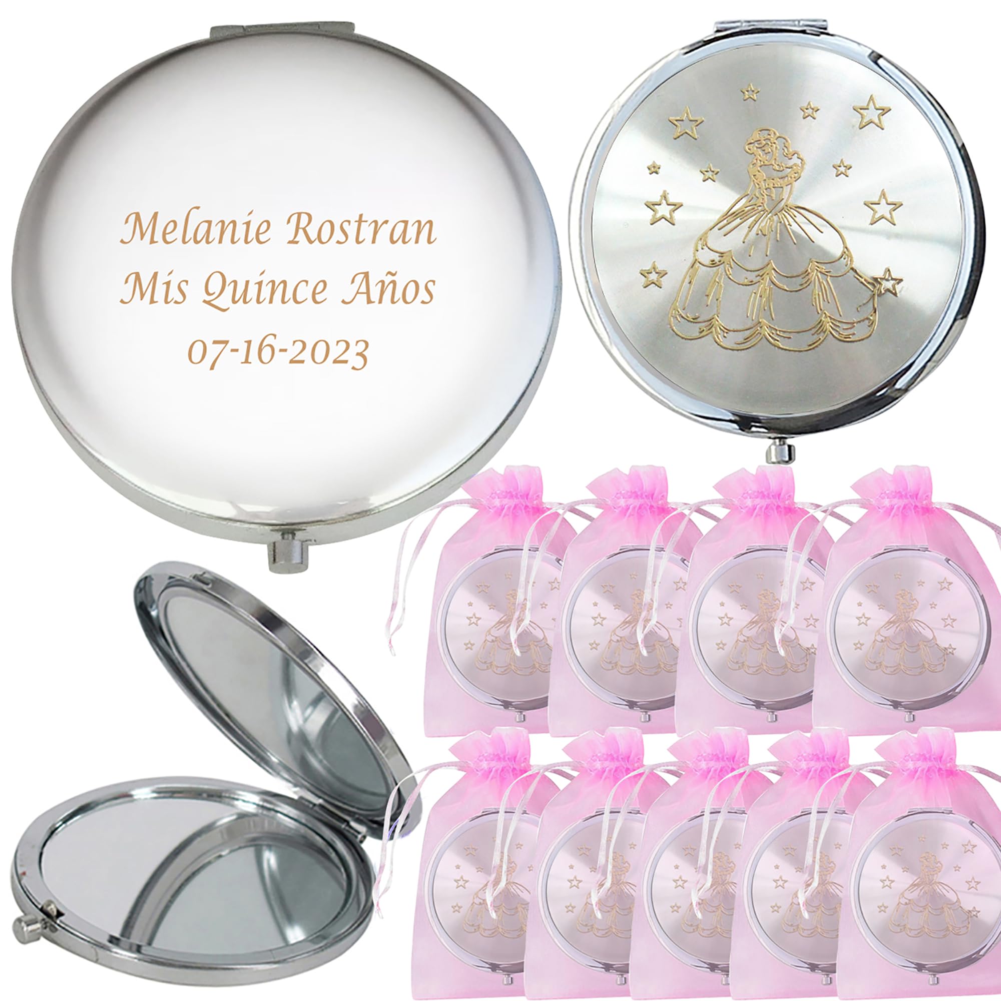 WE Personalized Cinderella Compact Mirror Favors (12 PCS) Pink - Quinceañera/ Sweet 15/ Birthday/ Gifts for Guests