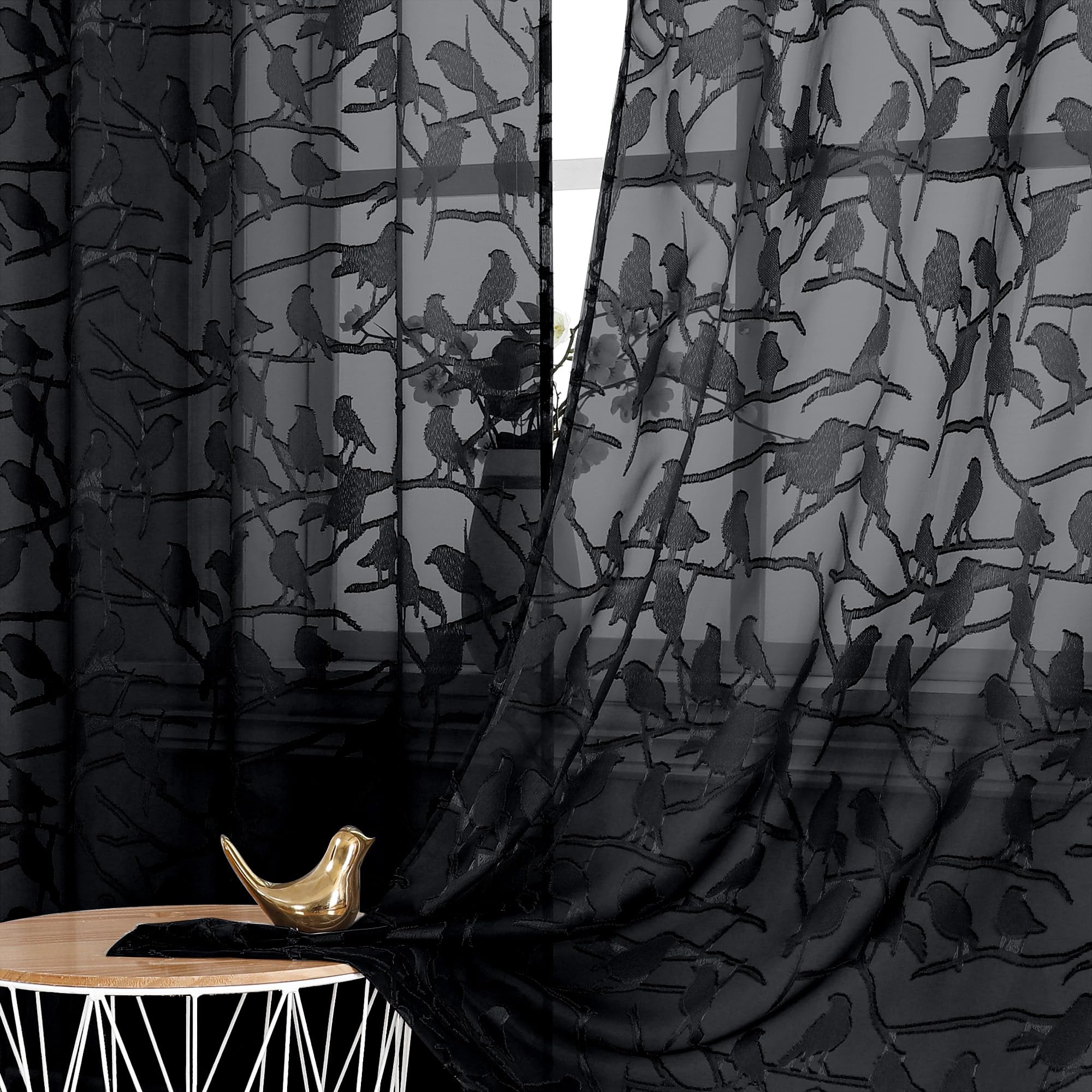 OVZME Black Sheer Curtains 96 Inches Length 2 Panels Set for Living Room Bedroom, Burnout Clip Sheer Curtain Window Curtains Set Farmhouse Voile Drapes for Sliding Door, Rod Pocket Curtains, 38Wx96L