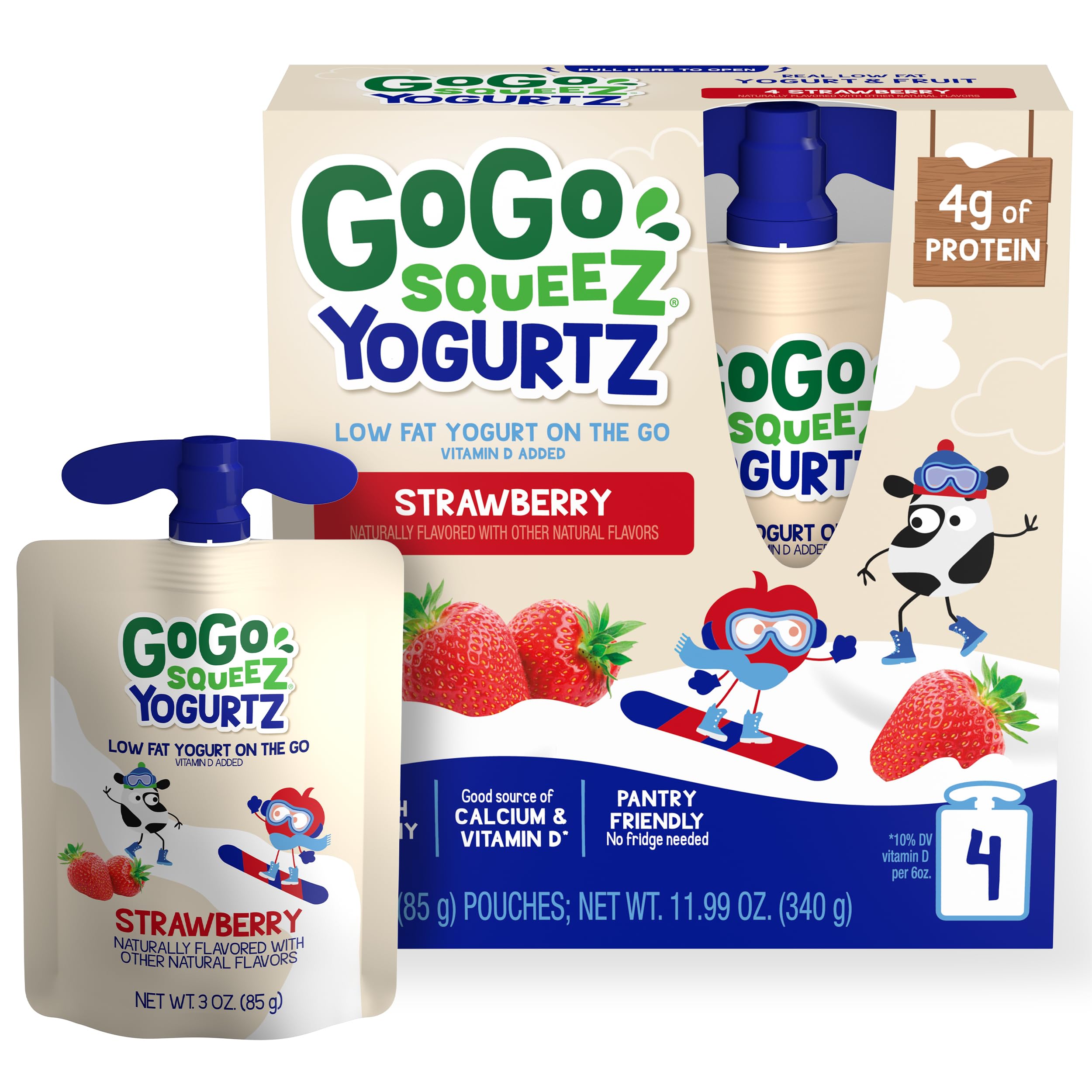 GoGo SqueeZ YogurtZ Strawberry, Kids Snacks Made from Real Yogurt & Fruit, Pantry Friendly Snack, No Fridge Needed, No Preservatives, Kosher Certified, Gluten Free, 3 Oz, 4 Pack