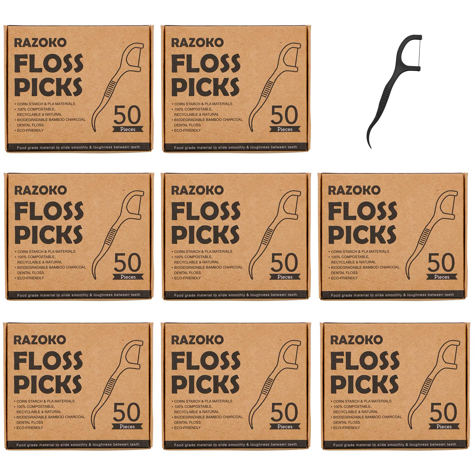 Natural Dental Floss Picks High Toughness Charcoal Toothpicks Sticks-Vegan,Eco-Friendly Sustainable Flossers for Teeth Cleaning (400 Count)