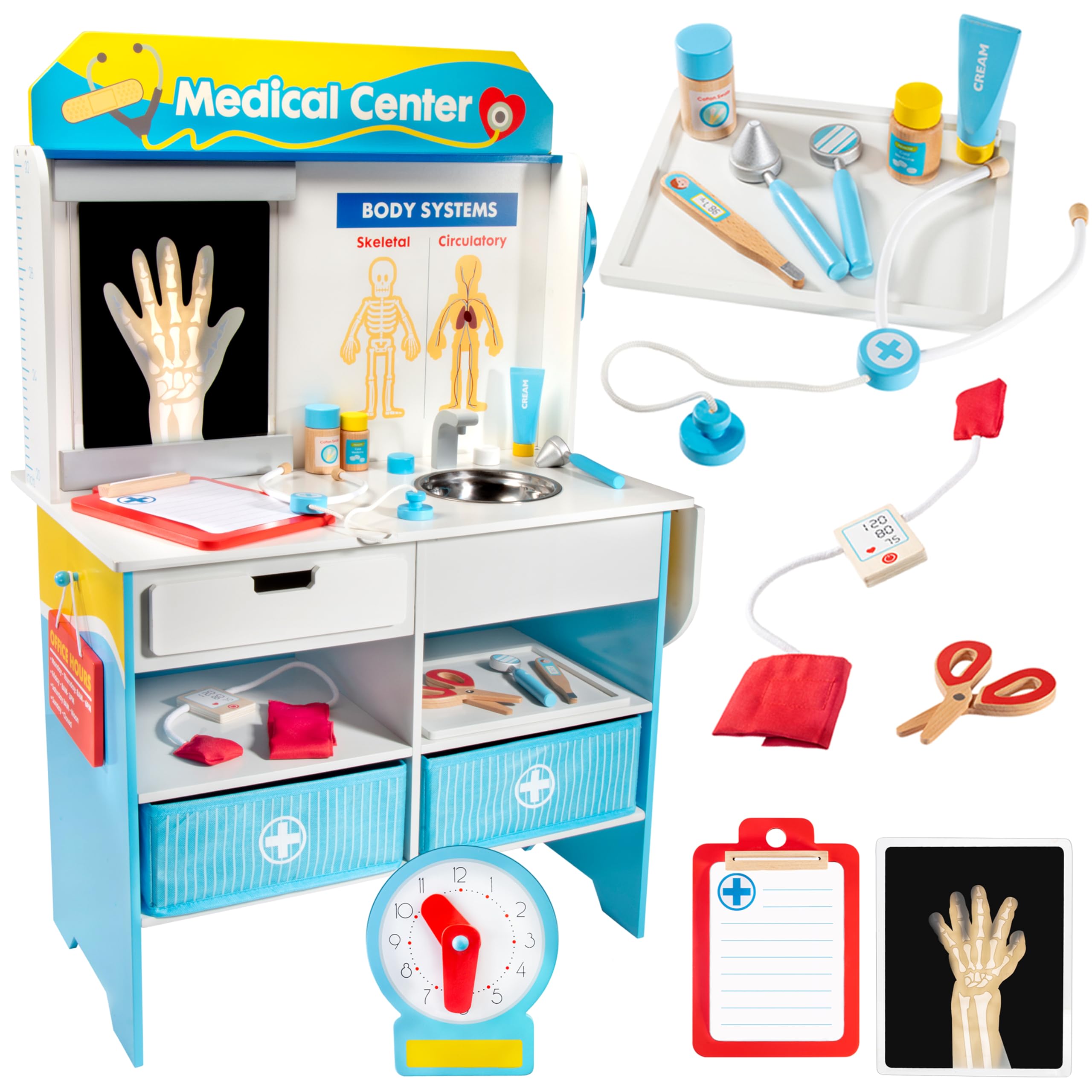 Get Well Doctor Wooden Activity Center- Kids Pretend Play Medical Playset w 16 Fun Accessories, Dual Sided, Office Checkup Kit, X-Rays, Blood Pressure Cuff- Fun Roleplaying Xmas Gift for Boys & Girls