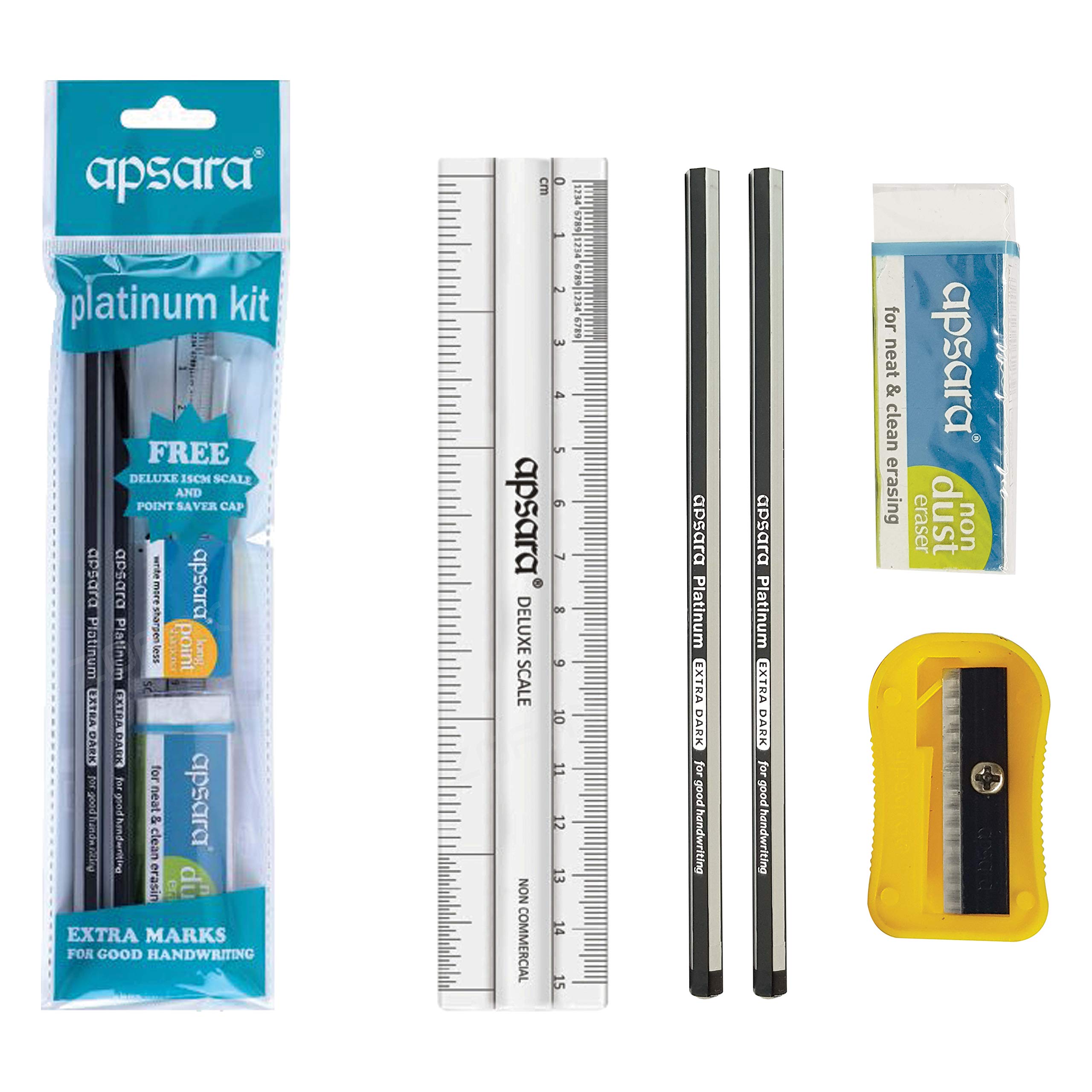 Apsara Platinum 5 Pieces Writing Kit - Pencils + Eraser + Sharpener + Ruler + ZOFAX Black Ball Pen